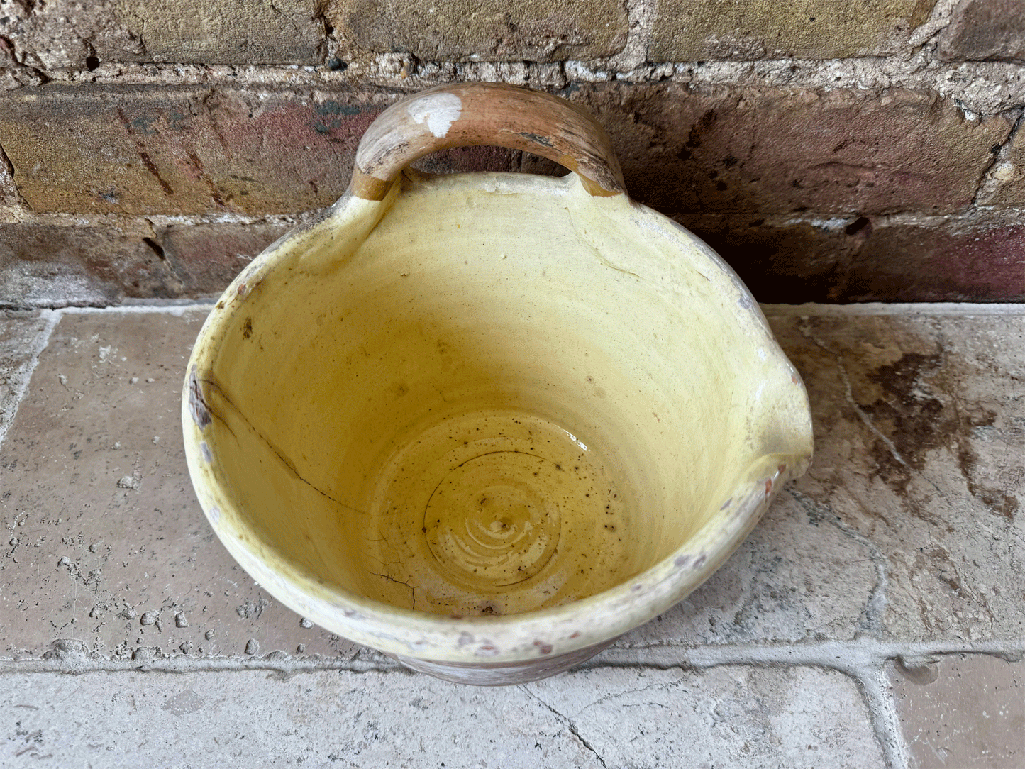 rare antique french 19th century earthenware terracotta yellow glazed milk pail seille pouring lip handle