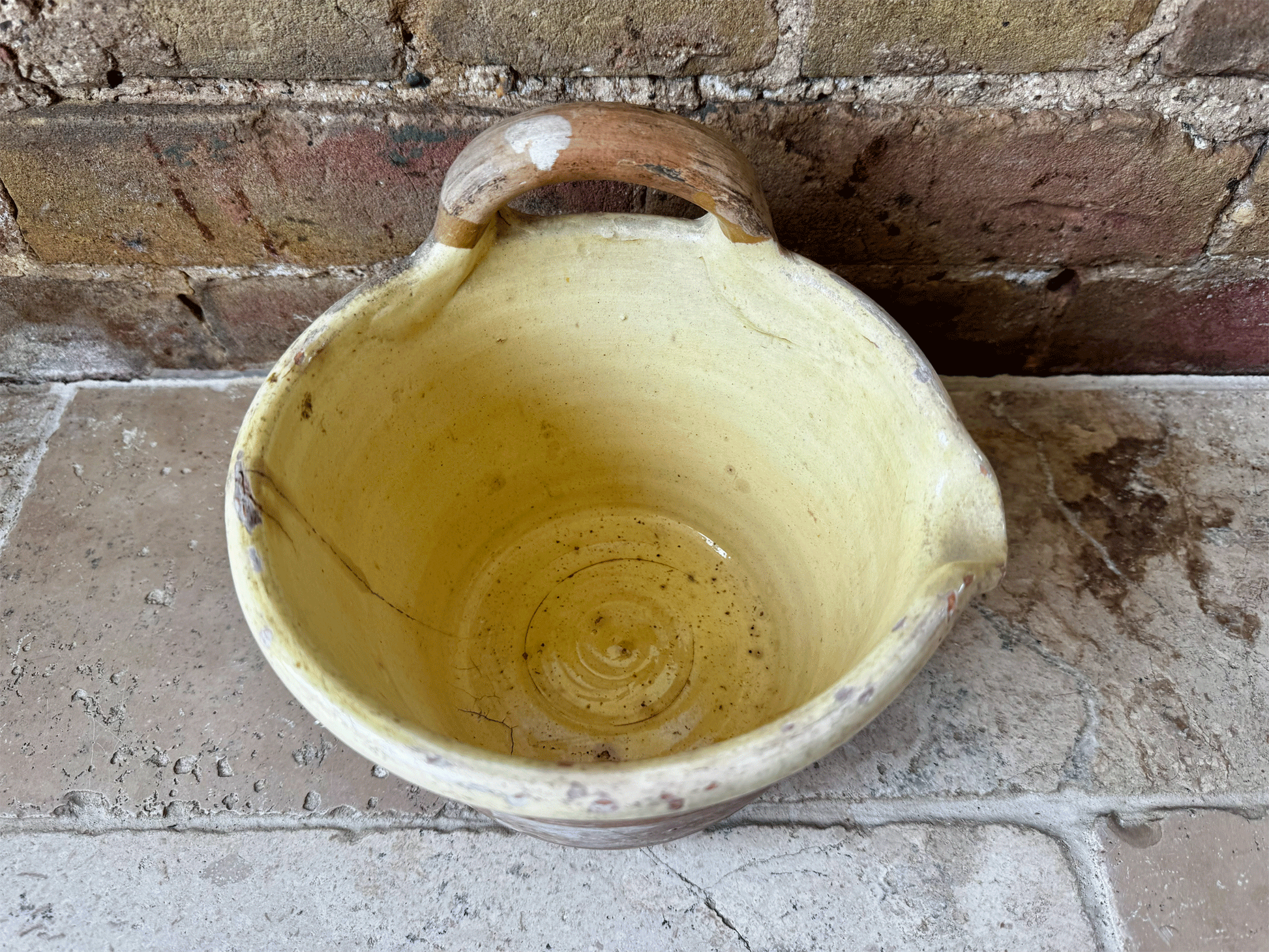 rare antique french 19th century earthenware terracotta yellow glazed milk pail seille pouring lip handle