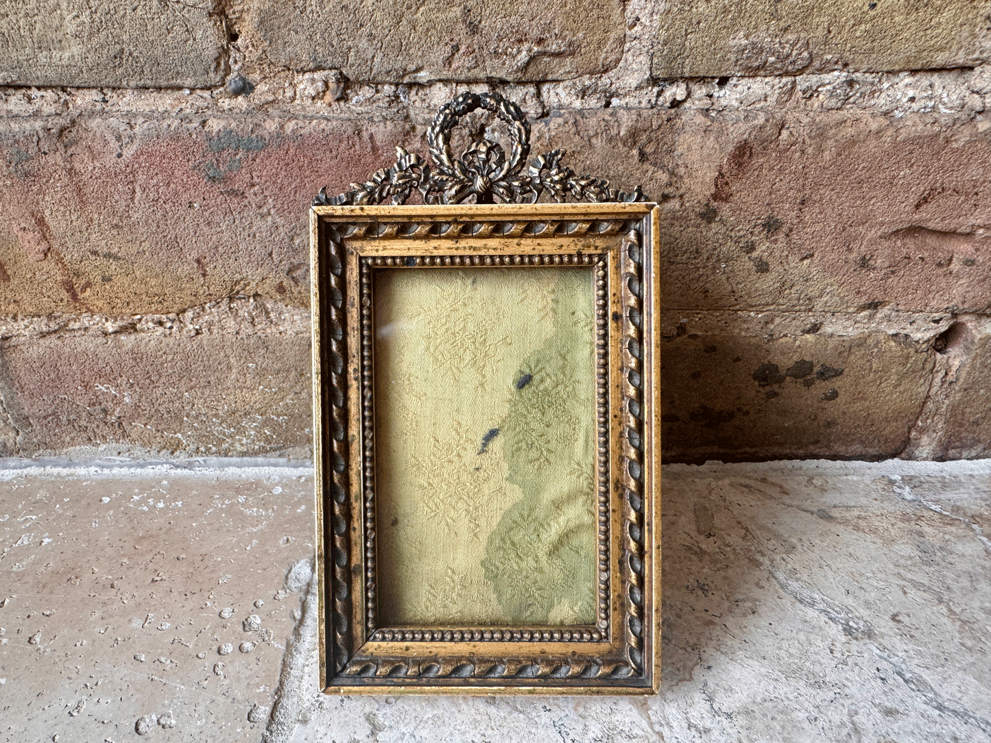 antique french wooden brass ormolu small picture photo frame garland banner 19th century
