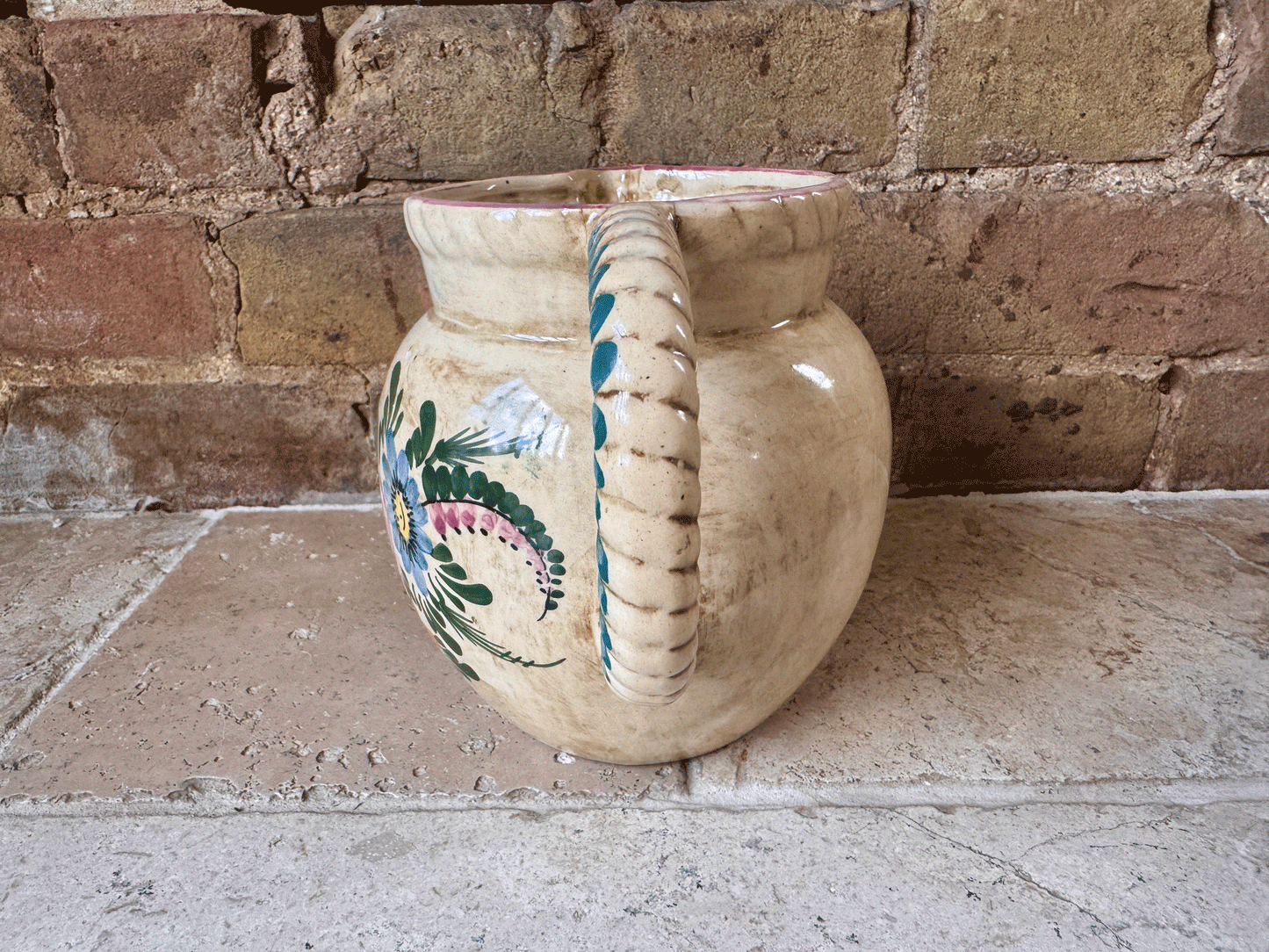vintage french large hand painted stoneware vase jug pitcher floral decoration flowers