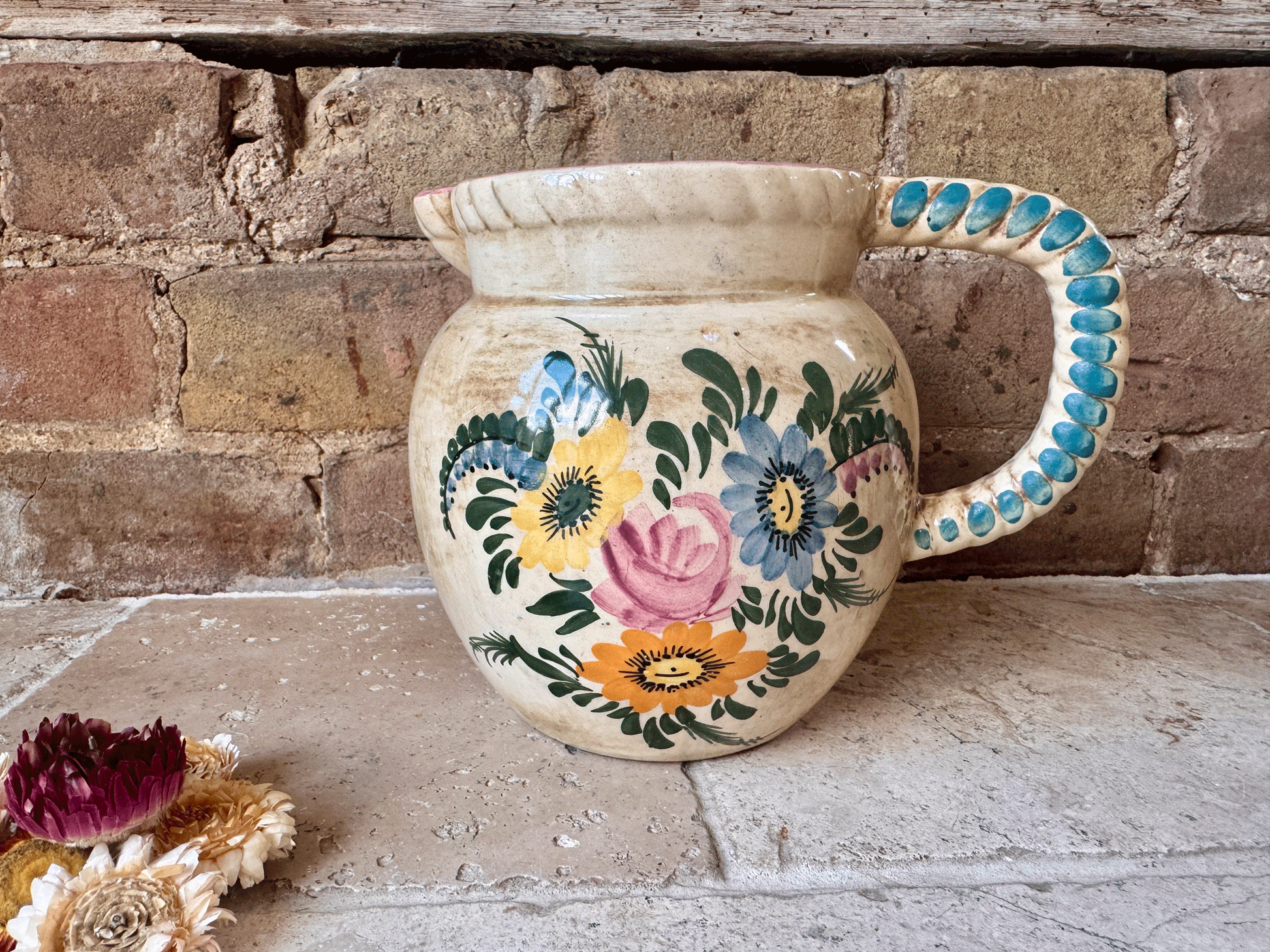vintage french large hand painted stoneware vase jug pitcher floral decoration flowers