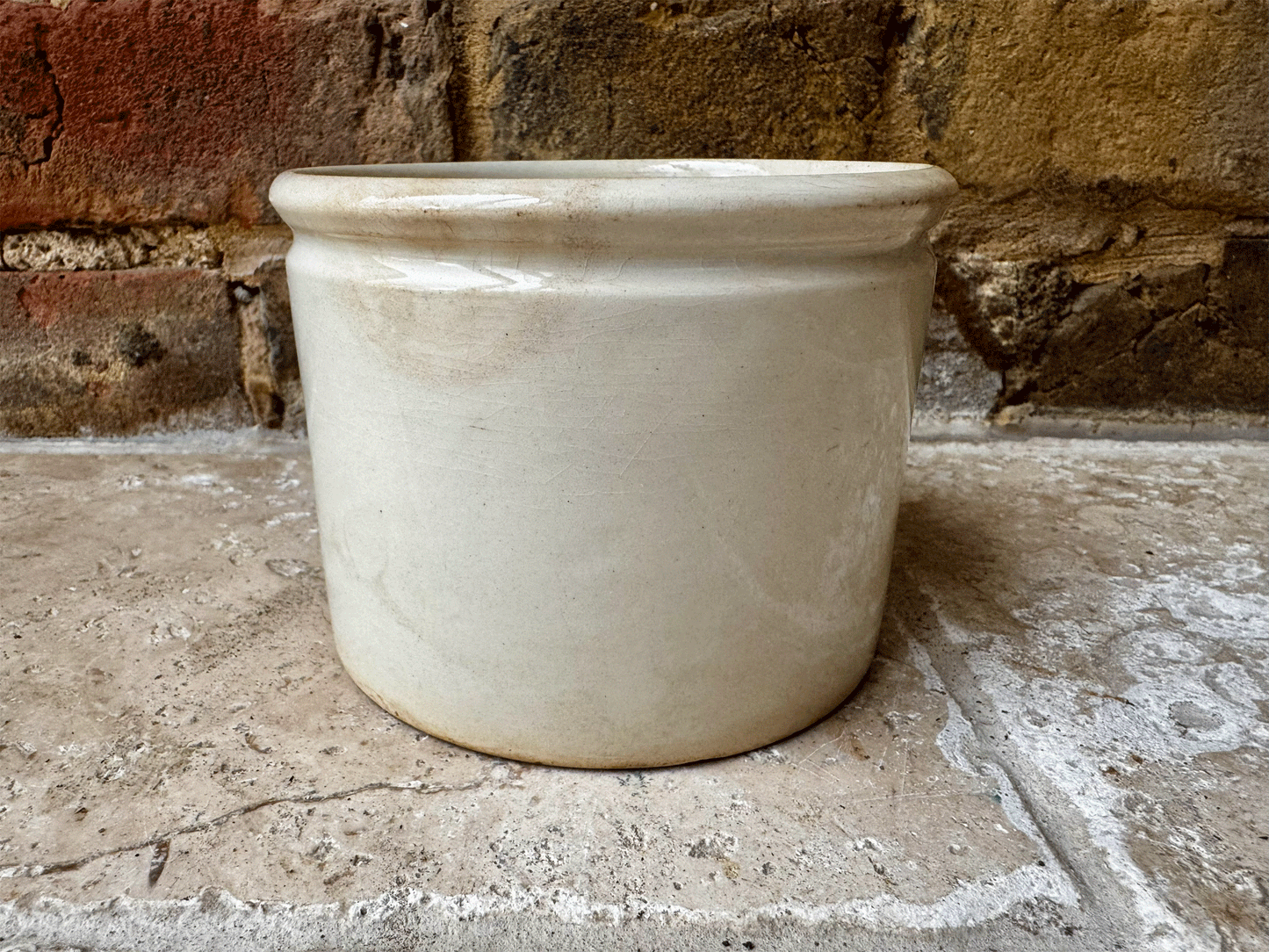 antique french buttery timeworn chunky white ironstone terre de fer confiture pot
