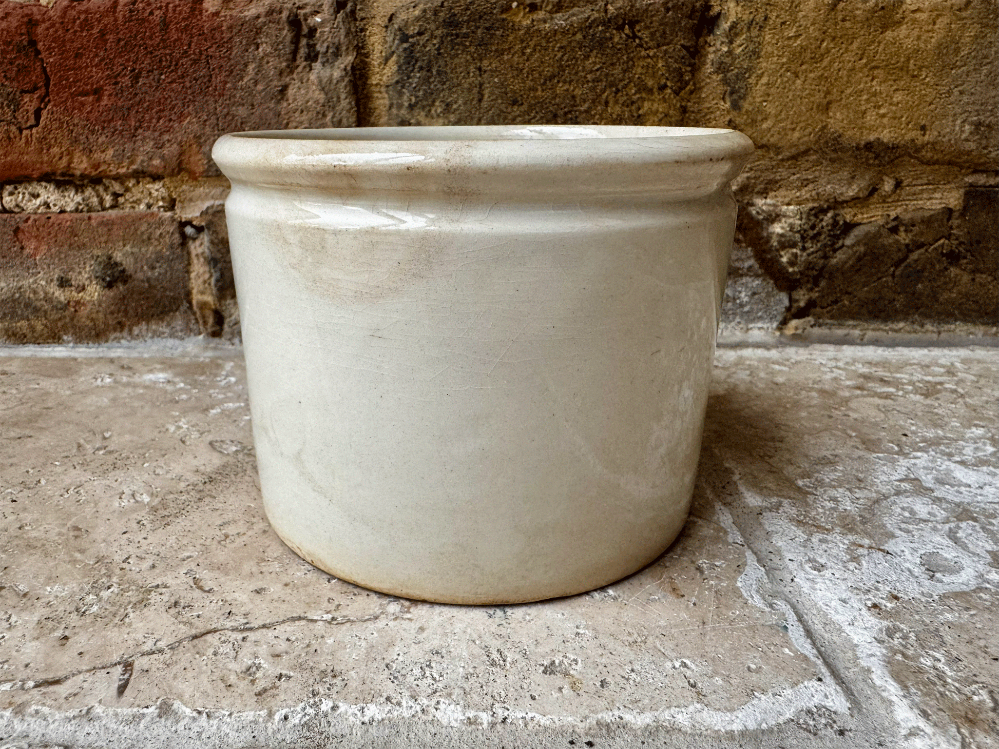 antique french buttery timeworn chunky white ironstone terre de fer confiture pot