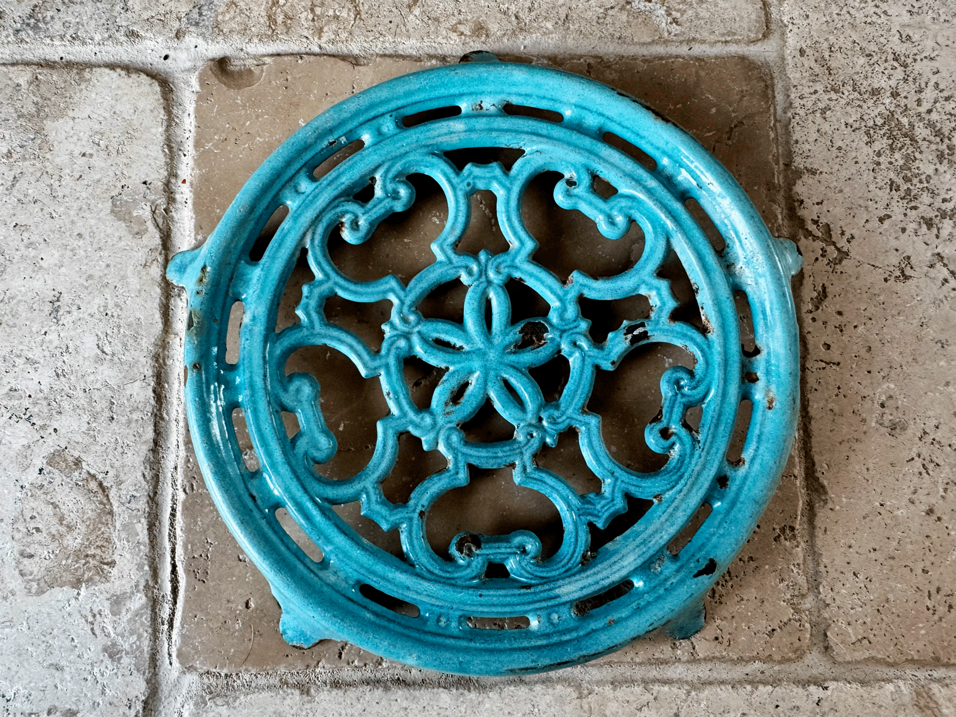 antique french aqua blue enamel pot stand trivet