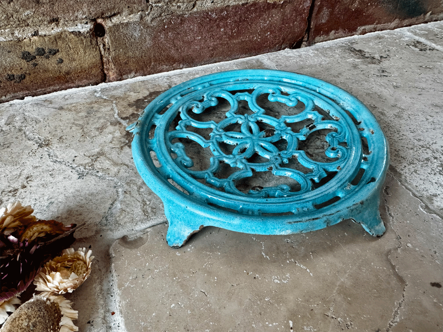 antique french aqua blue enamel pot stand trivet