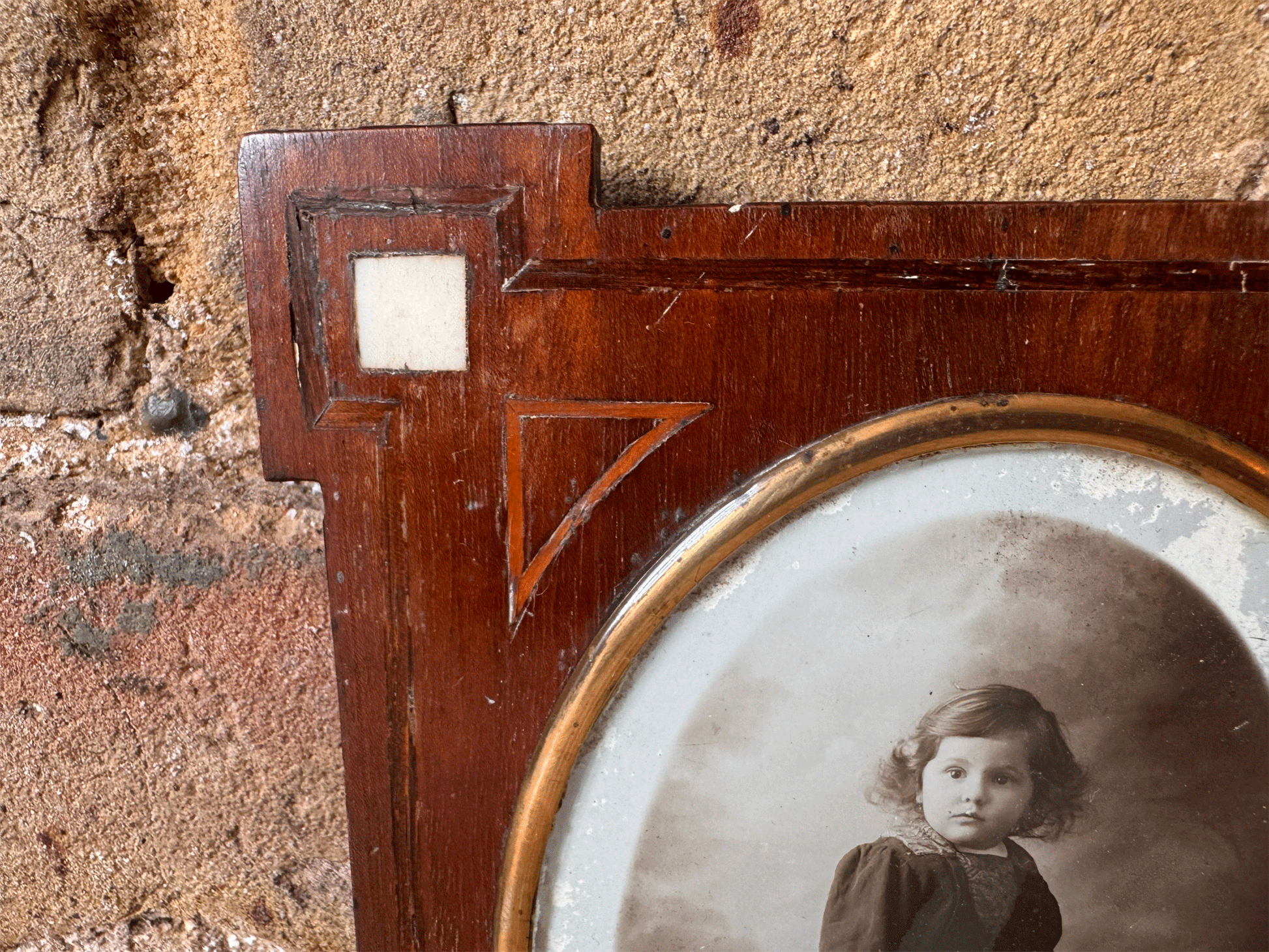 antique french baby boy child portrait black white inlaid mother pearl frame