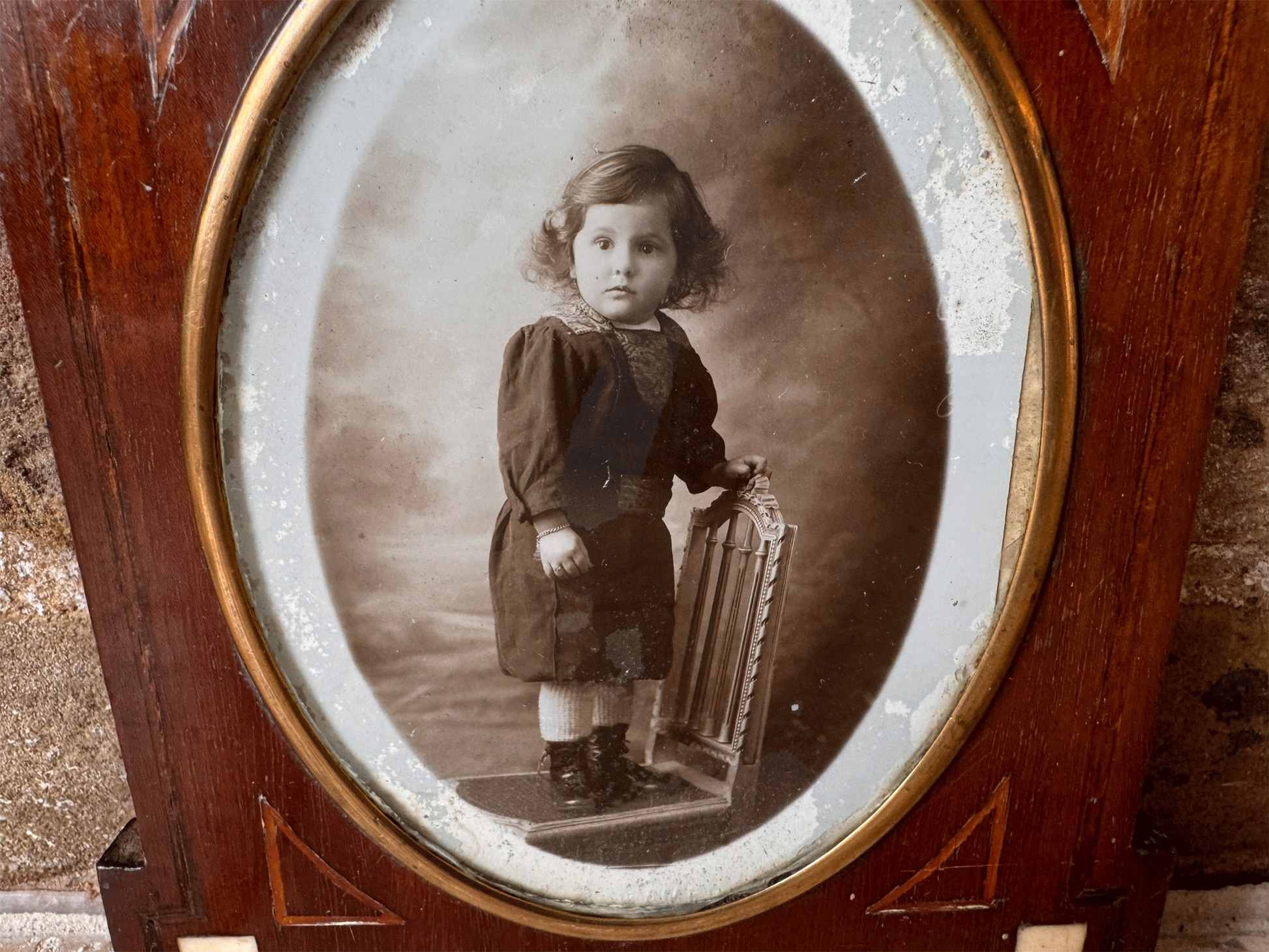 antique french baby boy child portrait black white inlaid mother pearl frame