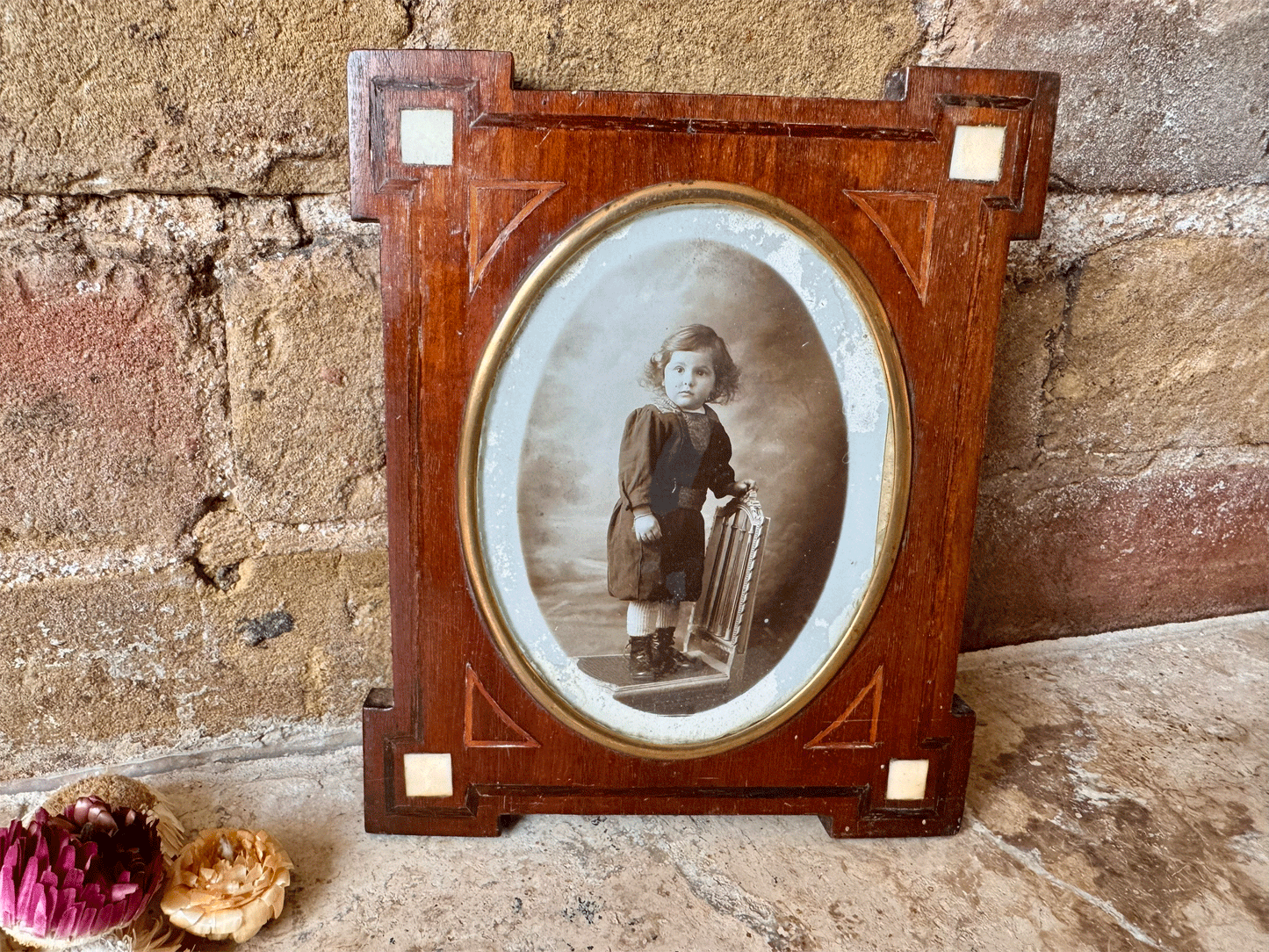 antique french baby boy child portrait black white inlaid mother pearl frame