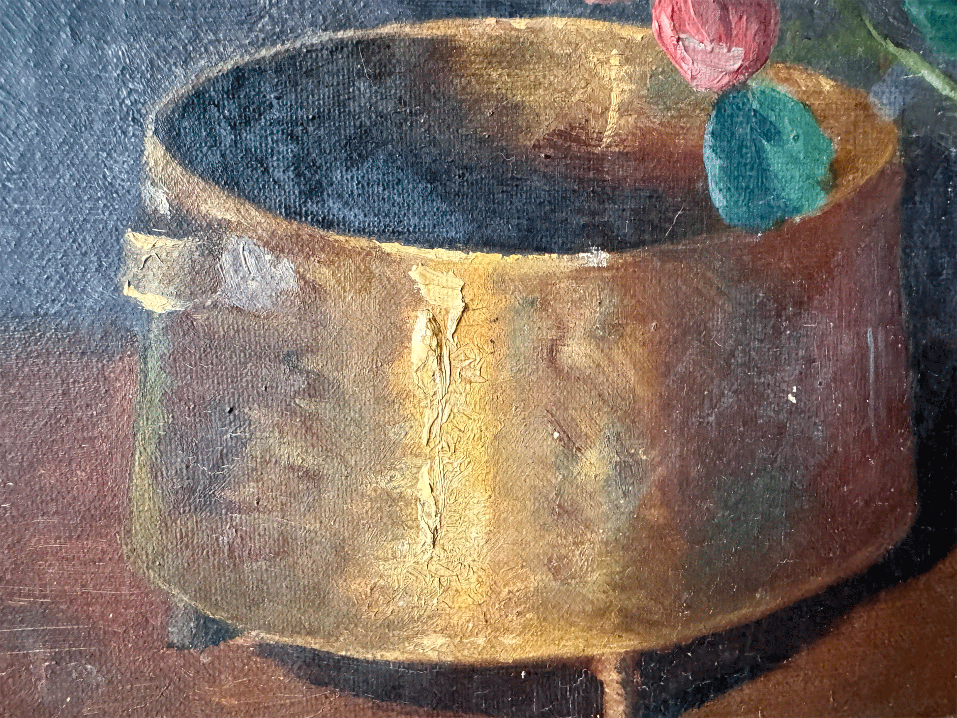 antique french gilt framed oil canvas signed still life opper pot floral cutting glass kitchen art