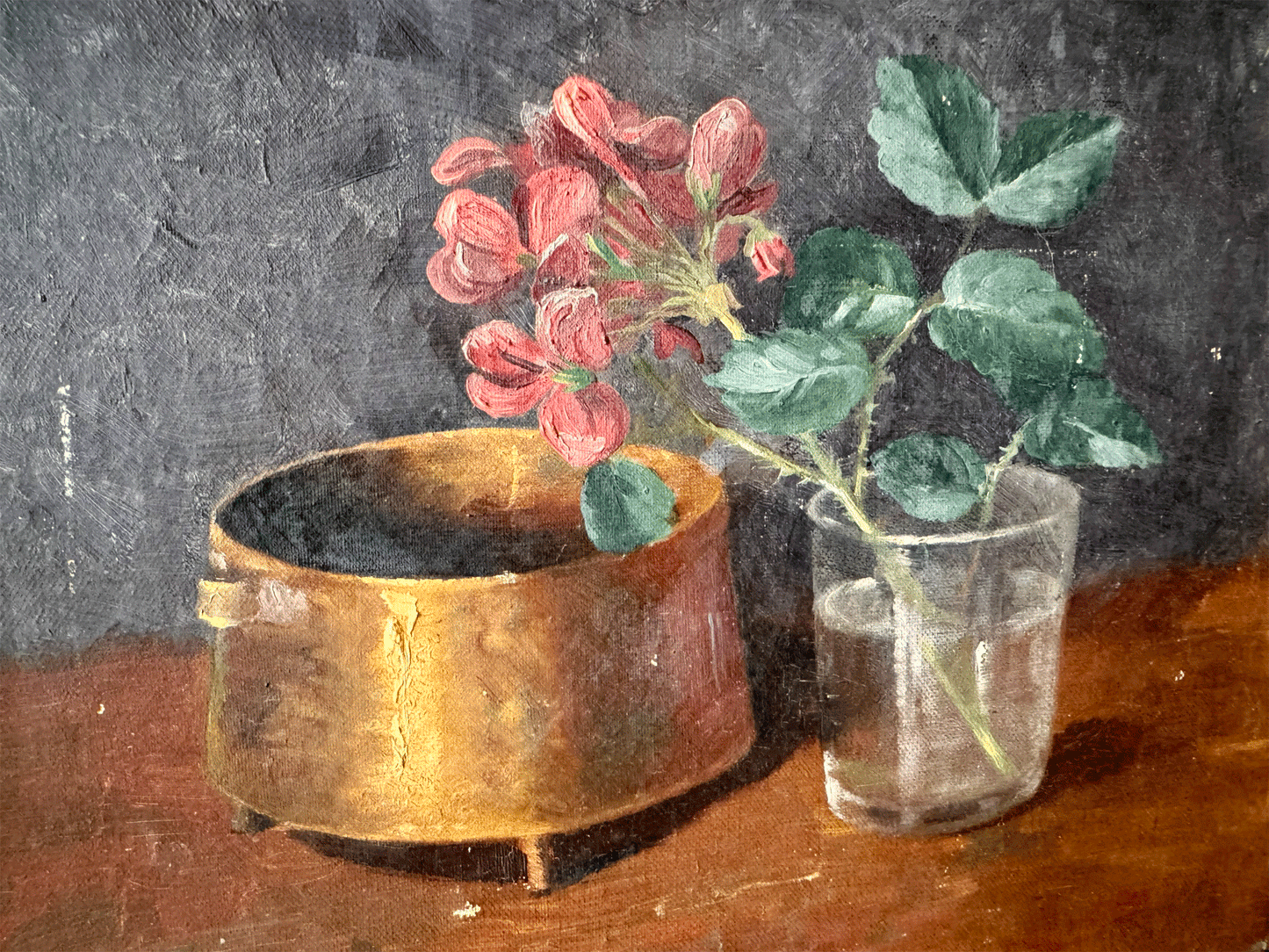 antique french gilt framed oil canvas signed still life opper pot floral cutting glass kitchen art