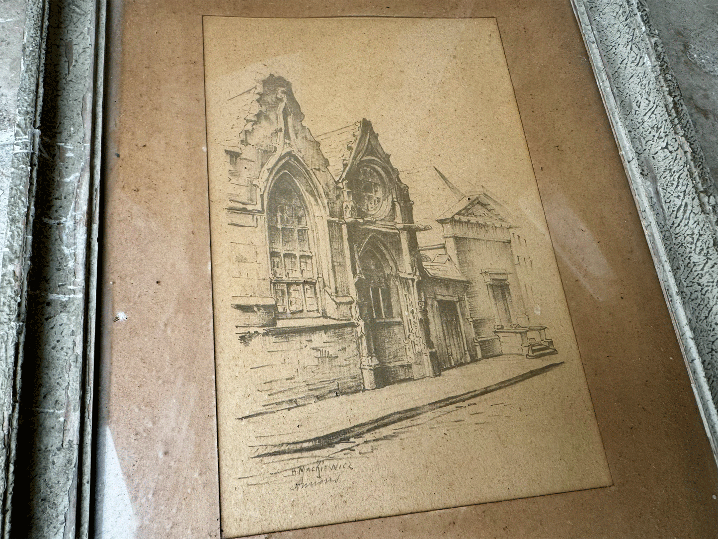 antique french artwork moody painting pencil drawing amiens town city street scene berthe mackiewicz