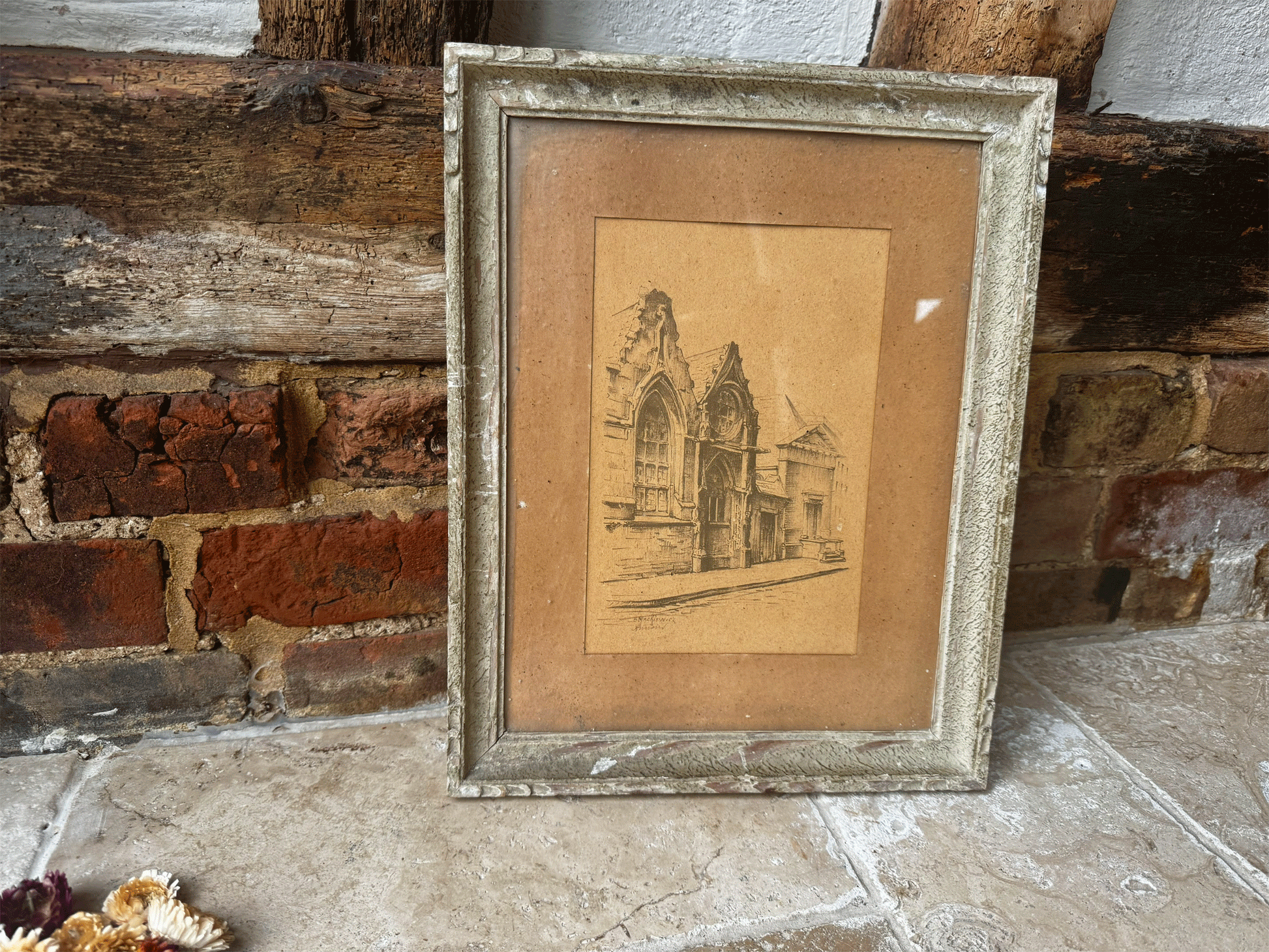 antique french artwork moody painting pencil drawing amiens town city street scene berthe mackiewicz