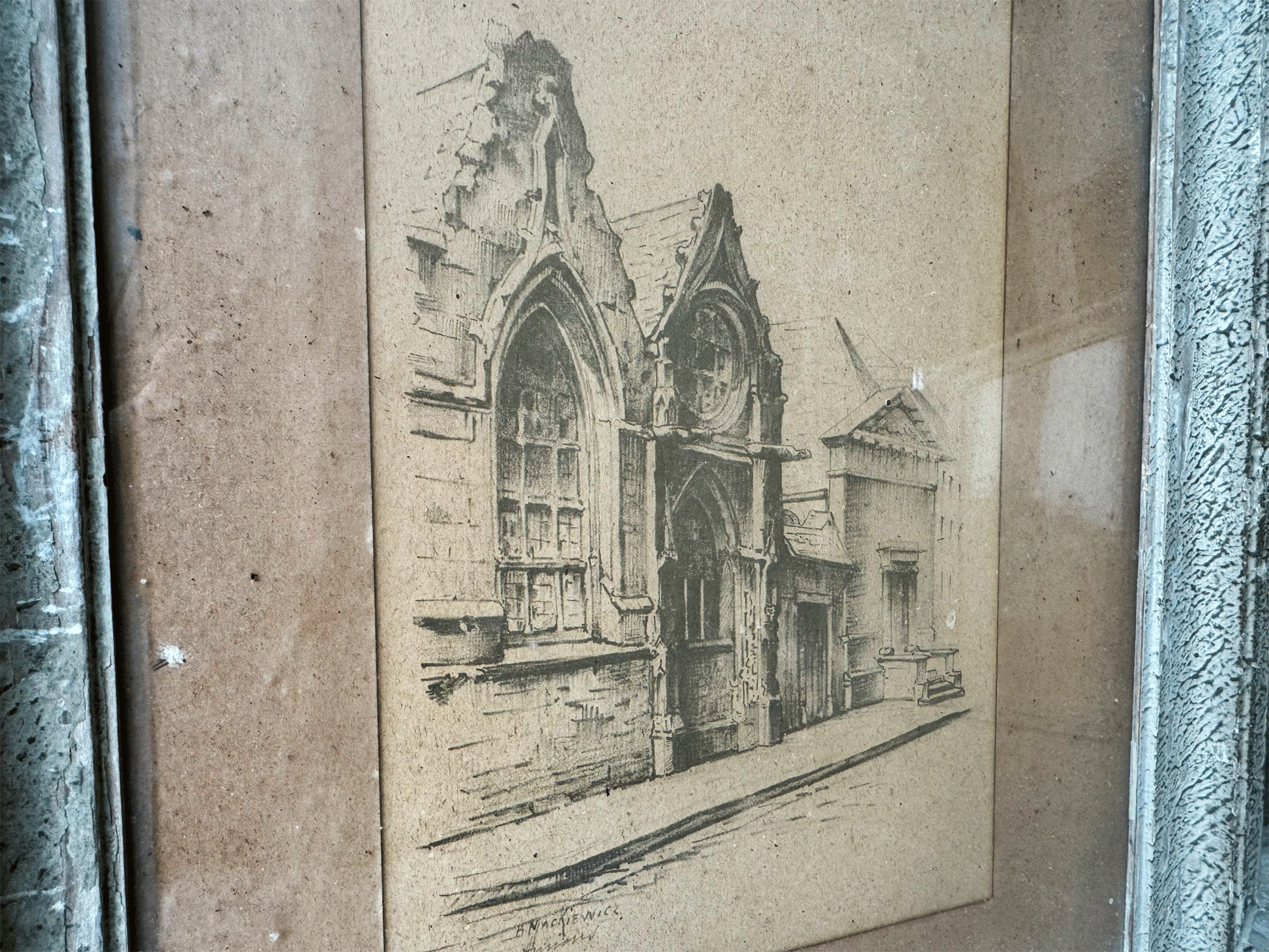 antique french artwork moody painting pencil drawing amiens town city street scene berthe mackiewicz