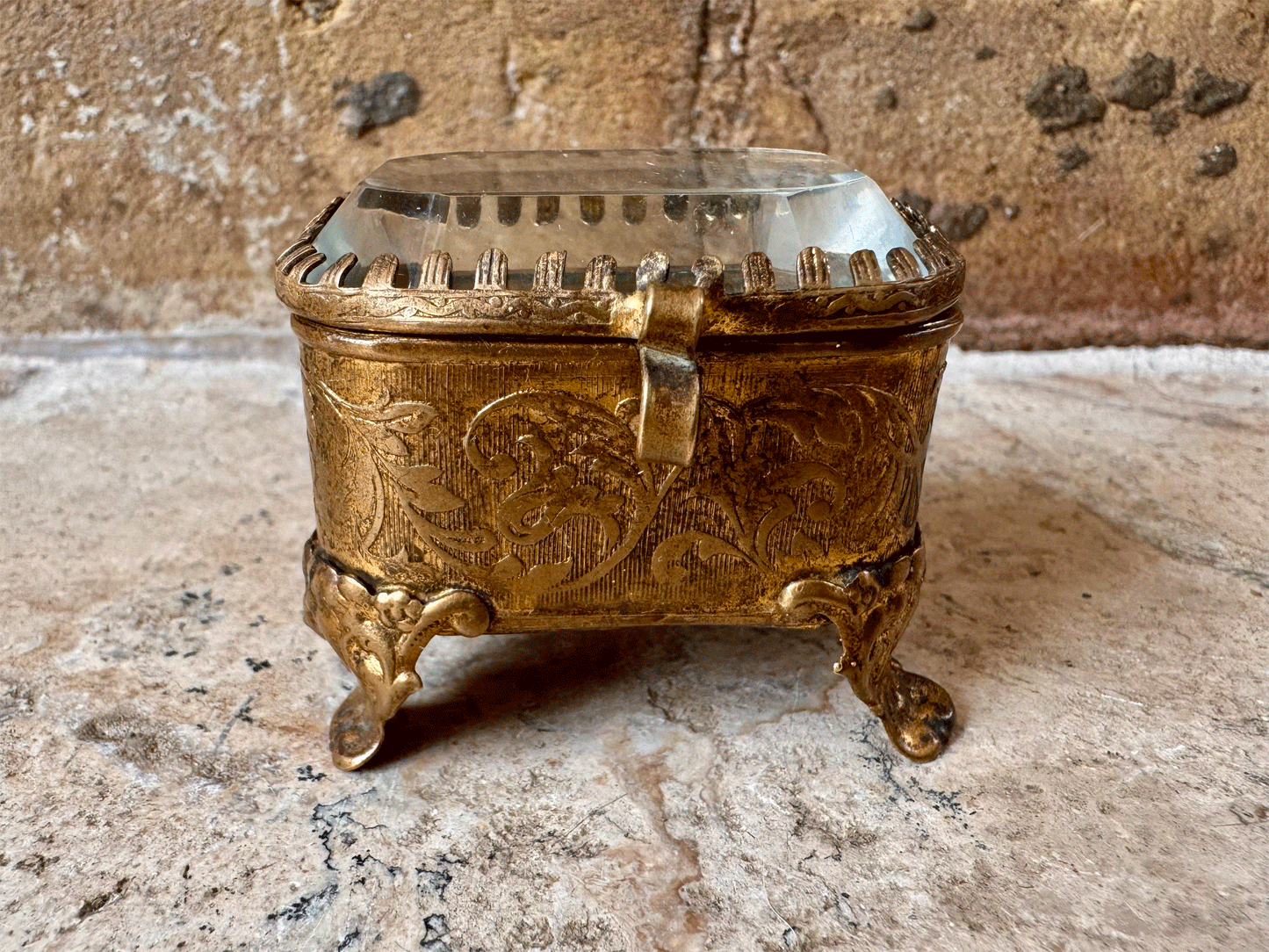 antique french 19th century pressed brass ormolu bevelled glass emerald green silk lining jewel casket patch box napoleon iii