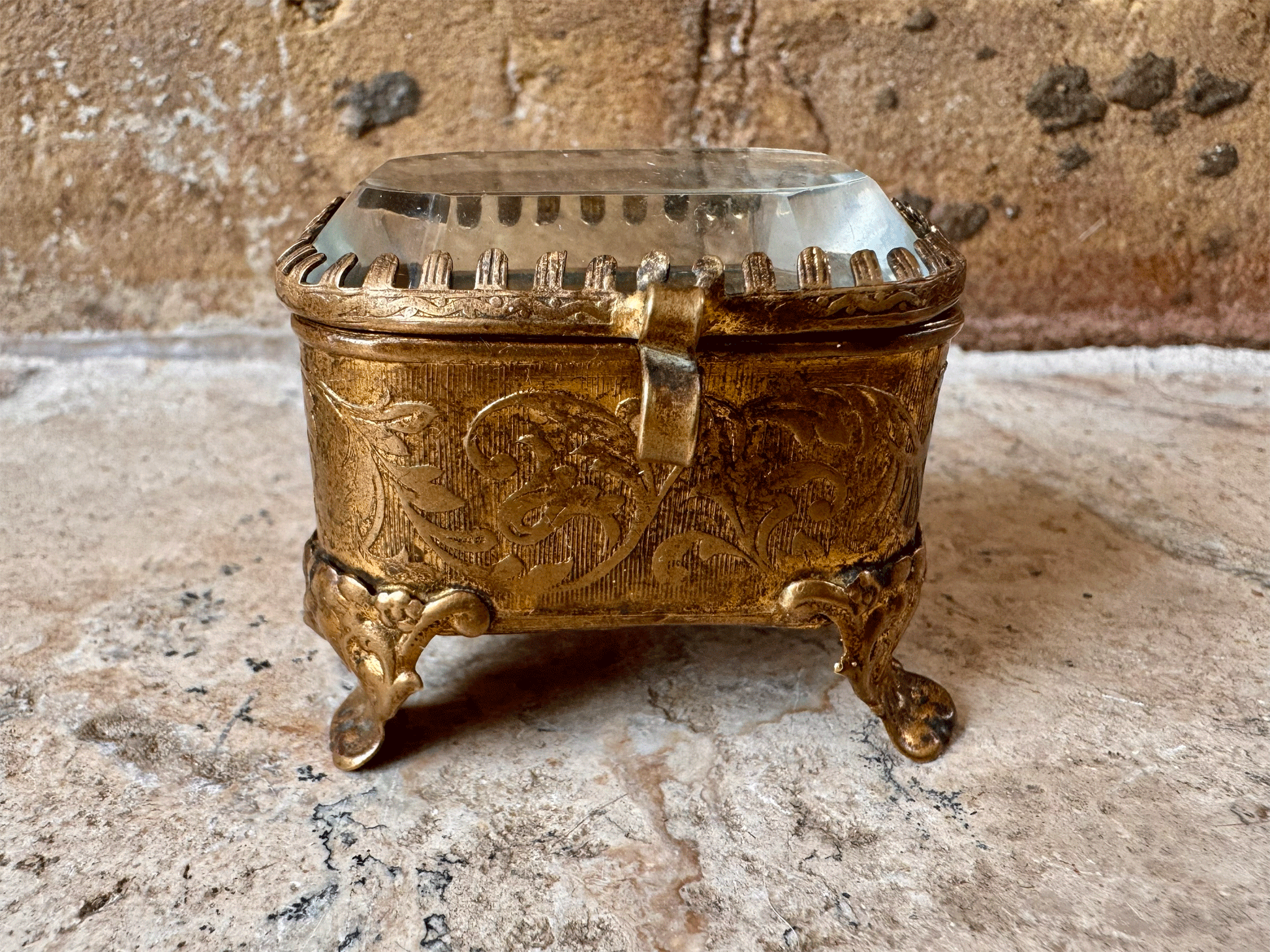 antique french 19th century pressed brass ormolu bevelled glass emerald green silk lining jewel casket patch box napoleon iii