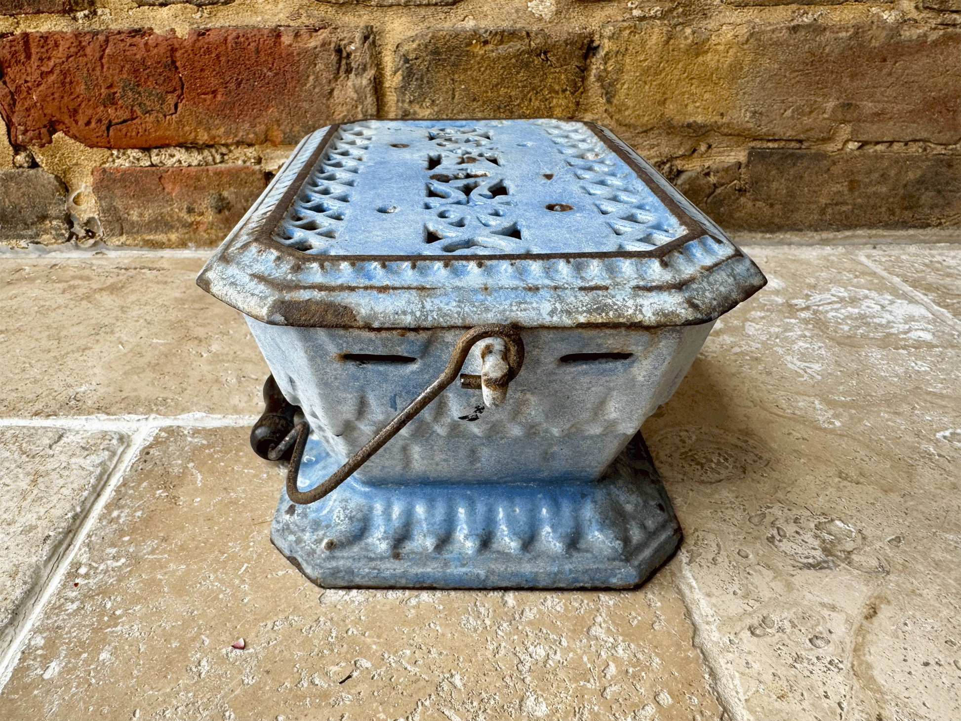 antique 19th century french chauferette foot warmer blue enamel