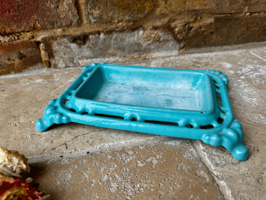 antique french aqua blue turquoise enamel cast iron spittoon display stand