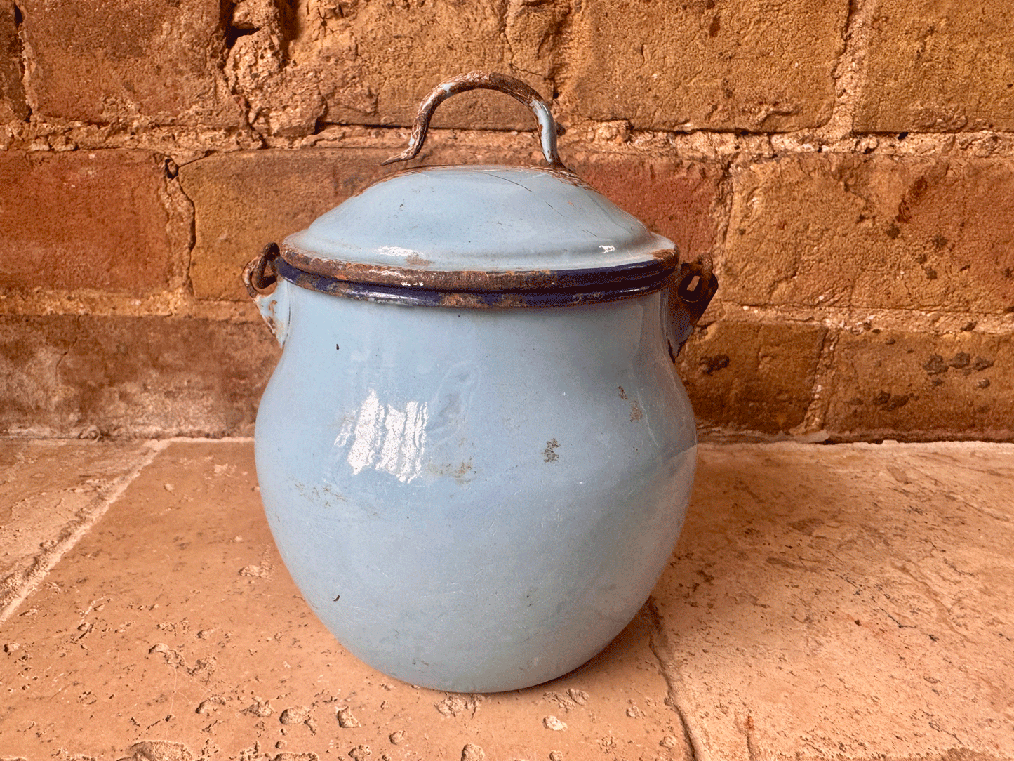 antique french blue enamel picnic tiffin cooking pot weathered worn
