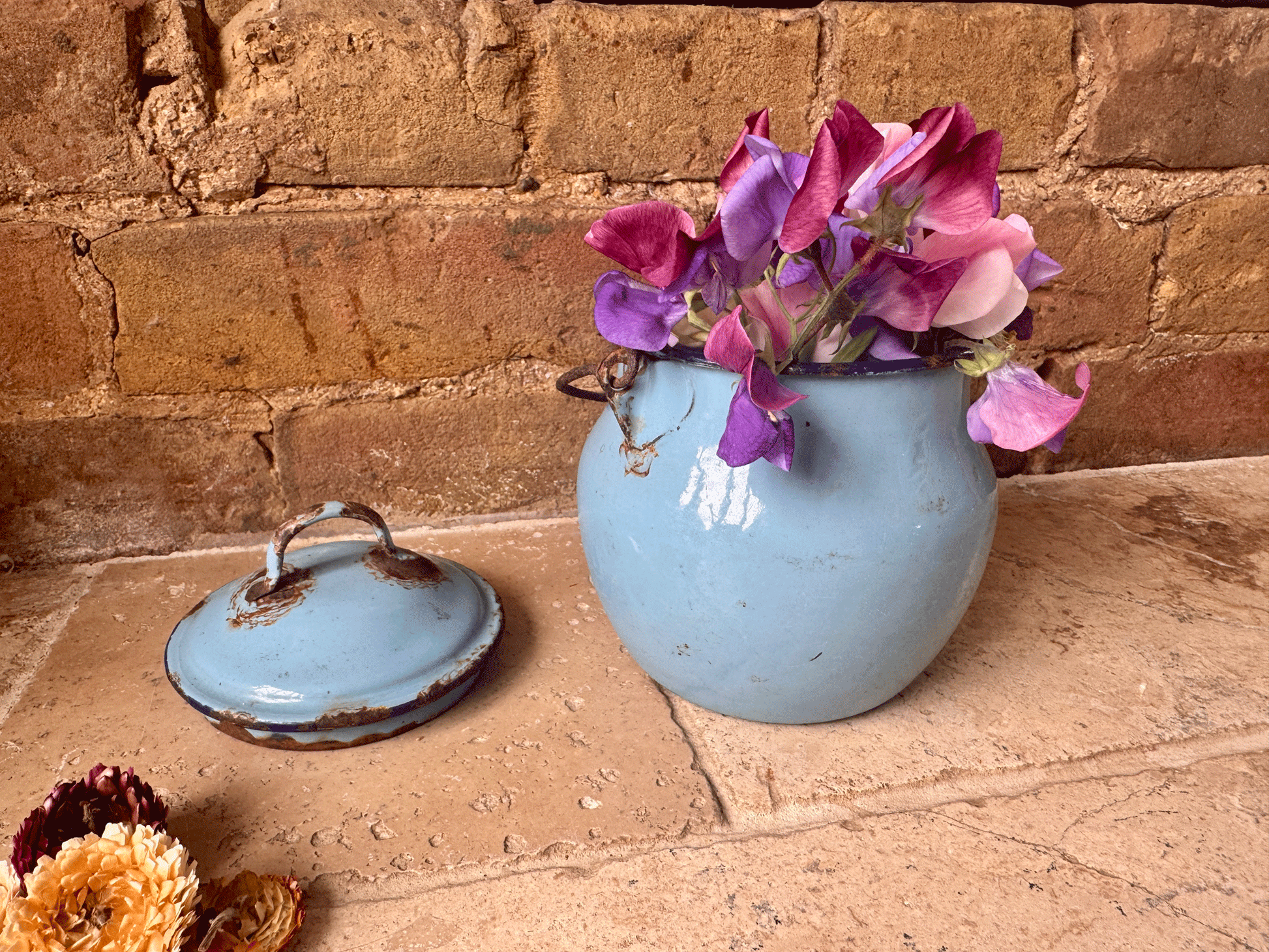 antique french blue enamel picnic tiffin cooking pot weathered worn