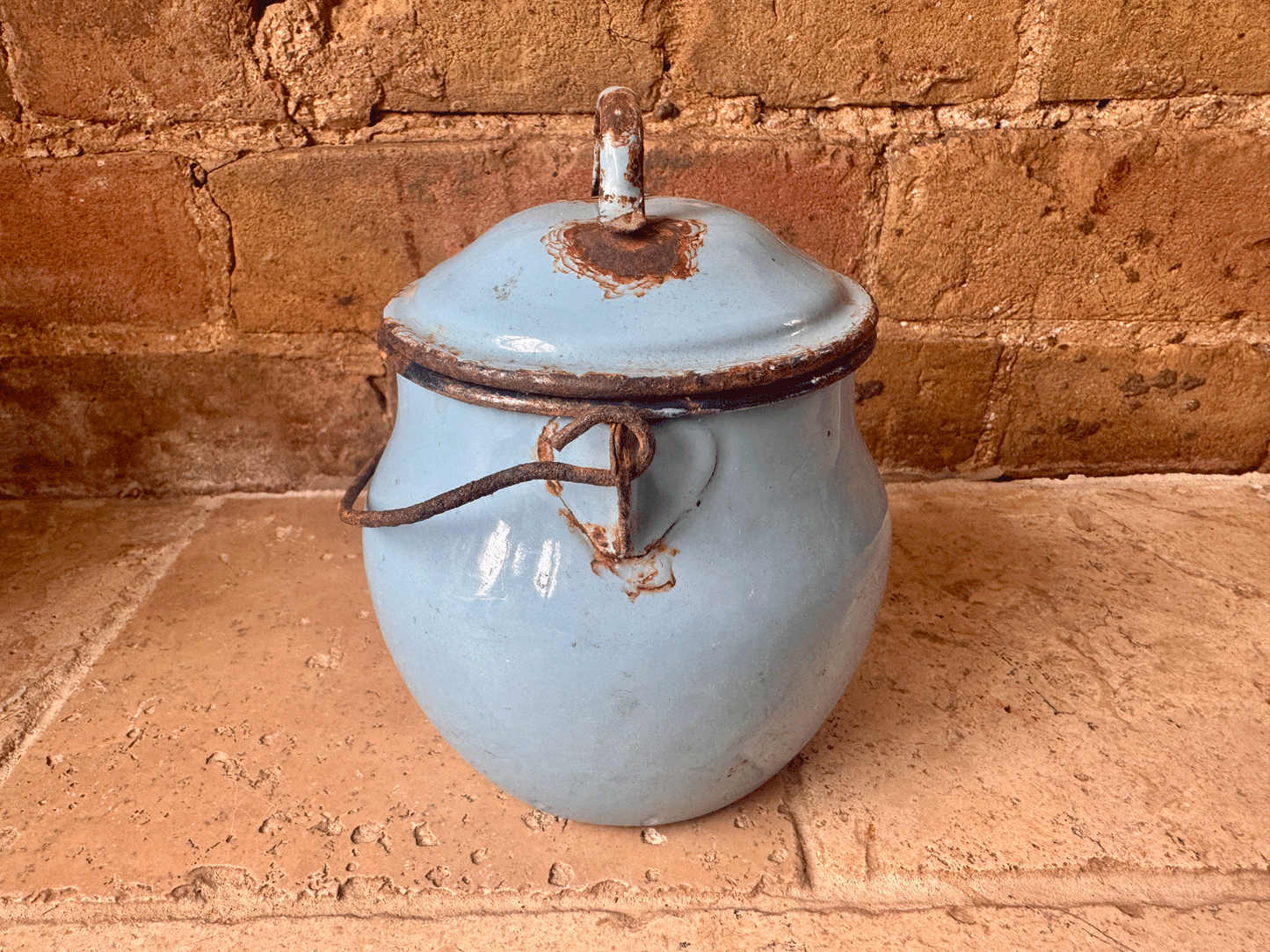 antique french blue enamel picnic tiffin cooking pot weathered worn