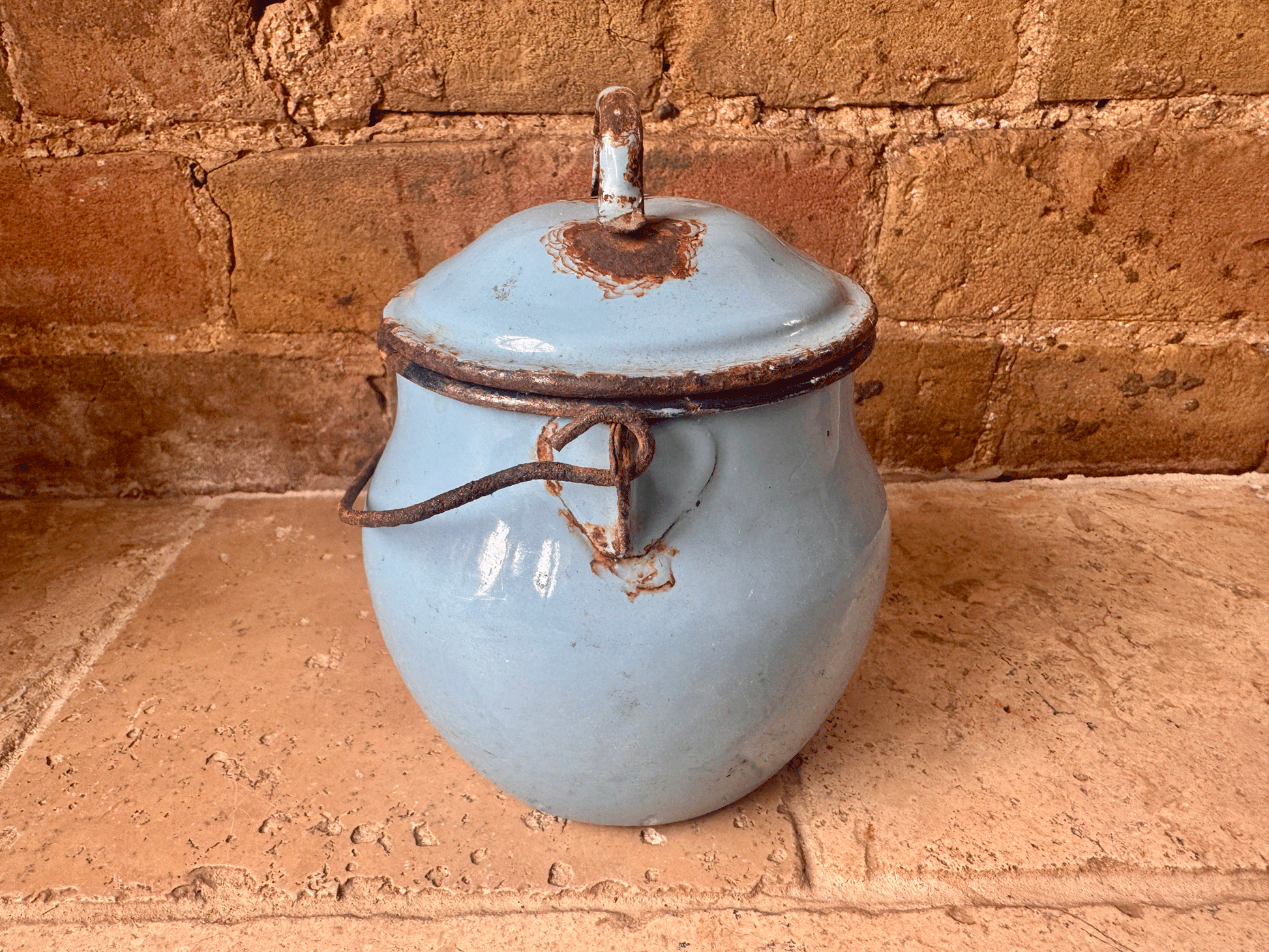 antique french blue enamel picnic tiffin cooking pot weathered worn