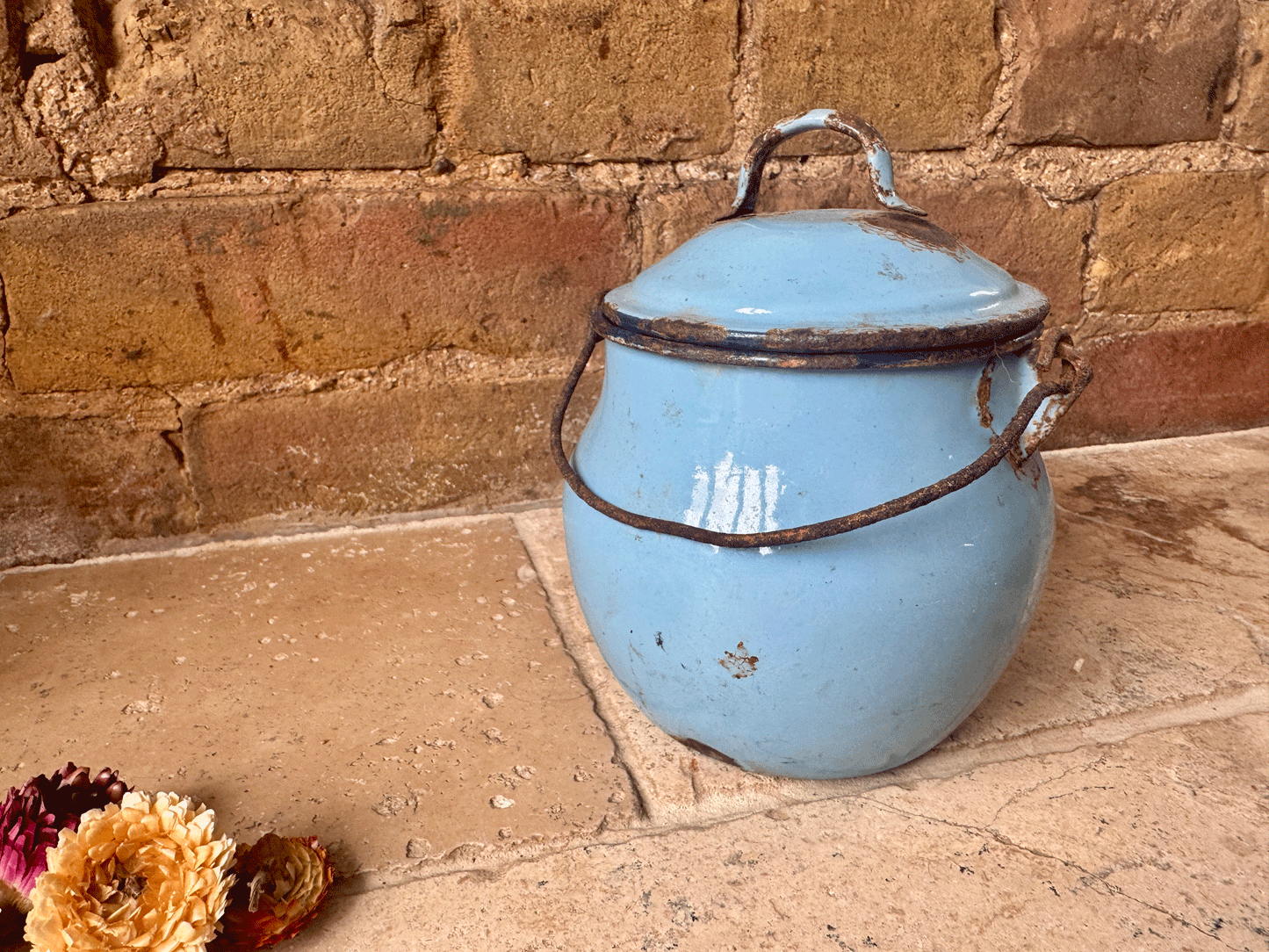 antique french blue enamel picnic tiffin cooking pot weathered worn