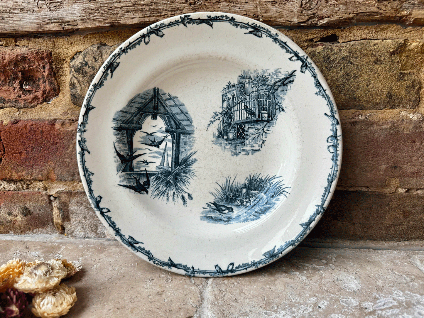 antique transferware paris terre de fer ironston bowl blue birds