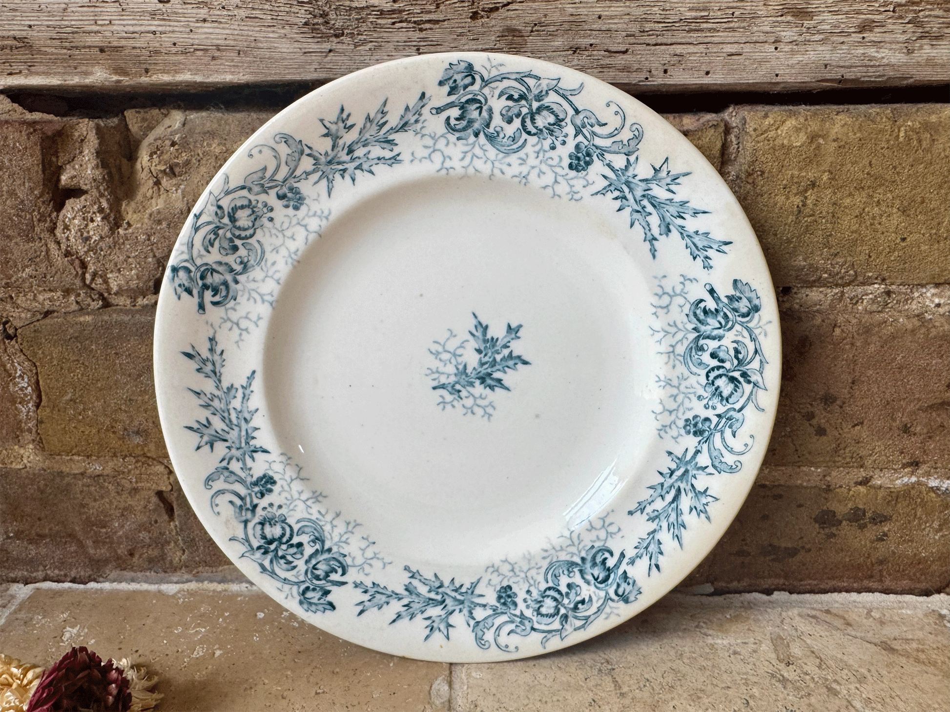 antique french blue transferware longwy cyrano ironstone terre de fer plate assiette