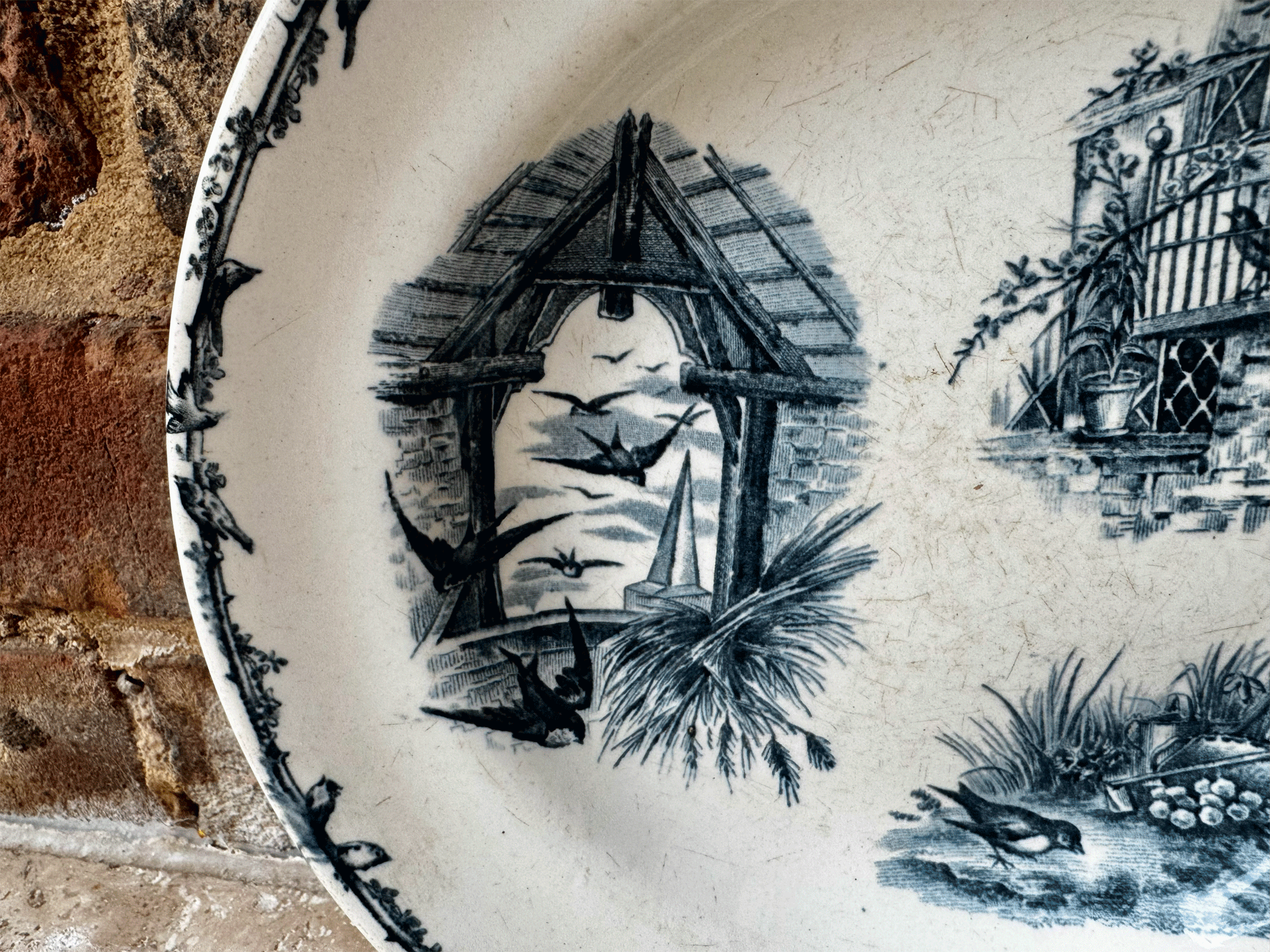 antique transferware paris terre de fer ironston bowl blue birds