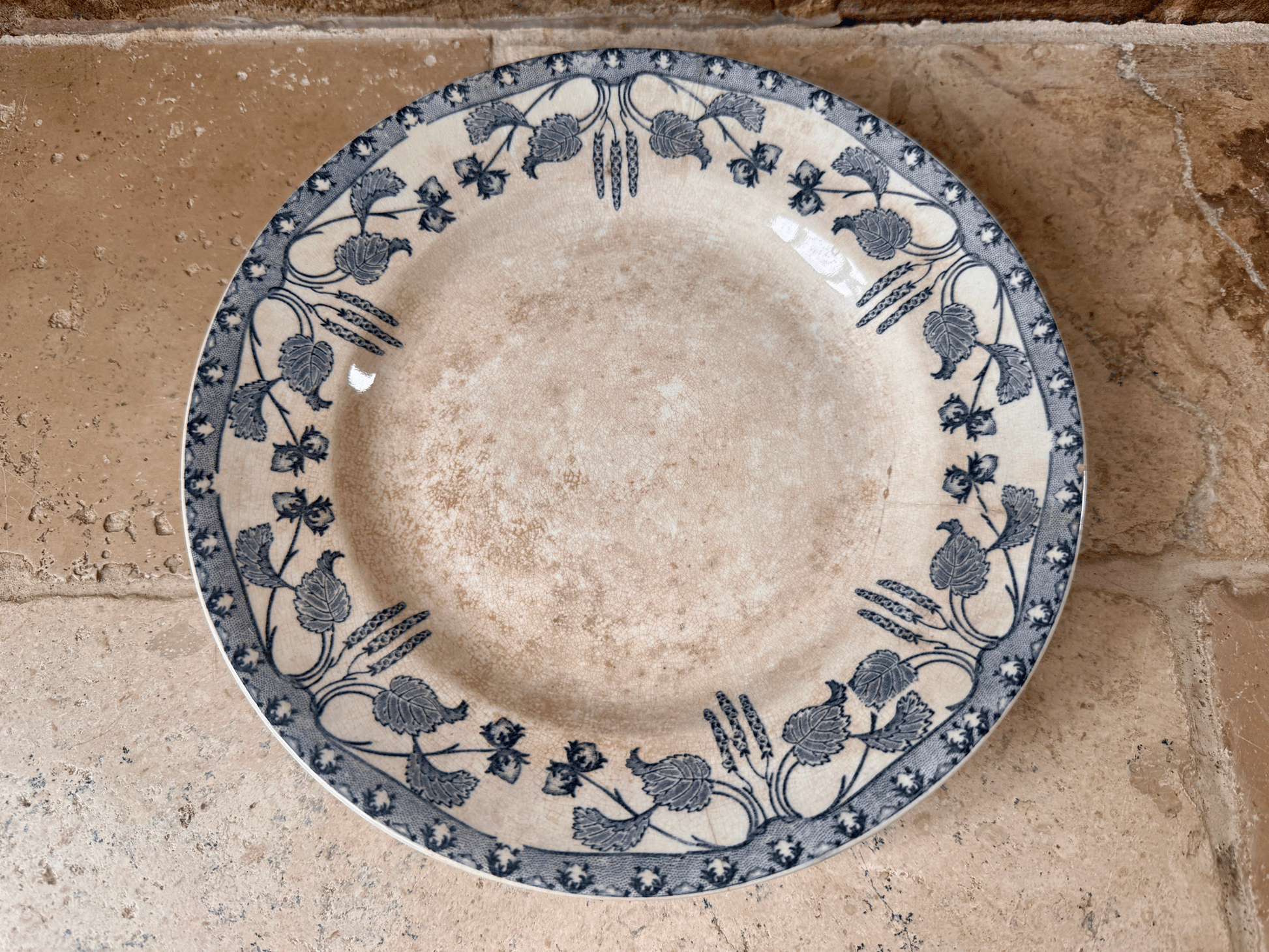 antique french buttery weathered worn terre de fer ironstone blue transferware compotier compote dish cake plate stand sarreguemines noisettes hazelnut