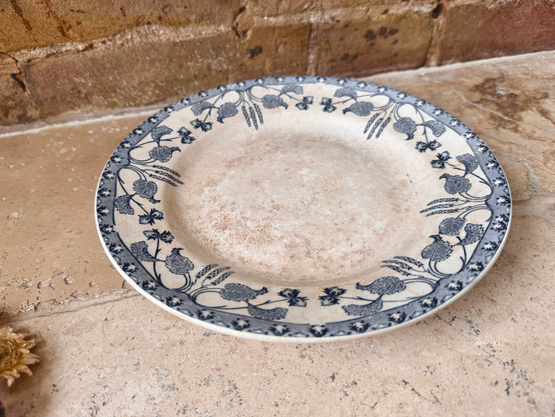 antique french buttery weathered worn terre de fer ironstone blue transferware compotier compote dish cake plate stand sarreguemines noisettes hazelnut