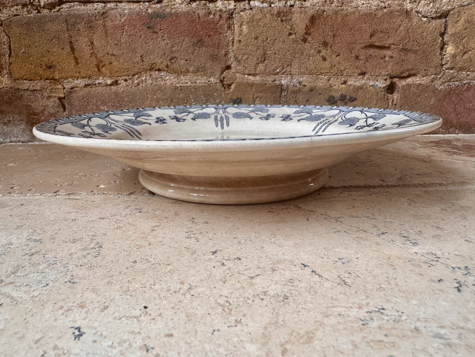 antique french buttery weathered worn terre de fer ironstone blue transferware compotier compote dish cake plate stand sarreguemines noisettes hazelnut