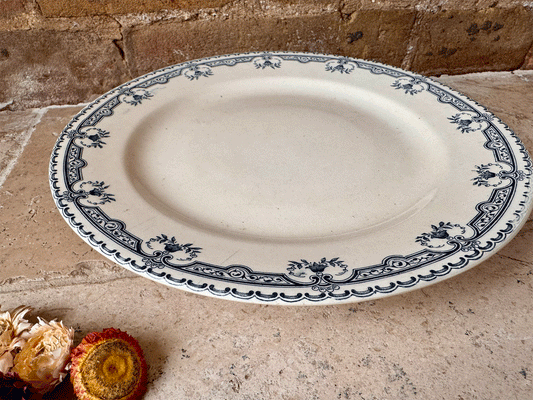 antique early 20th century ironstone terre de fer compote stand dish compotier blue transferware