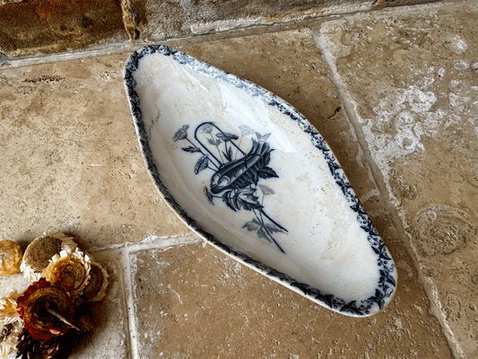 rare antique french ironstone terre de fer ravier appetiser plate fish blue transferware