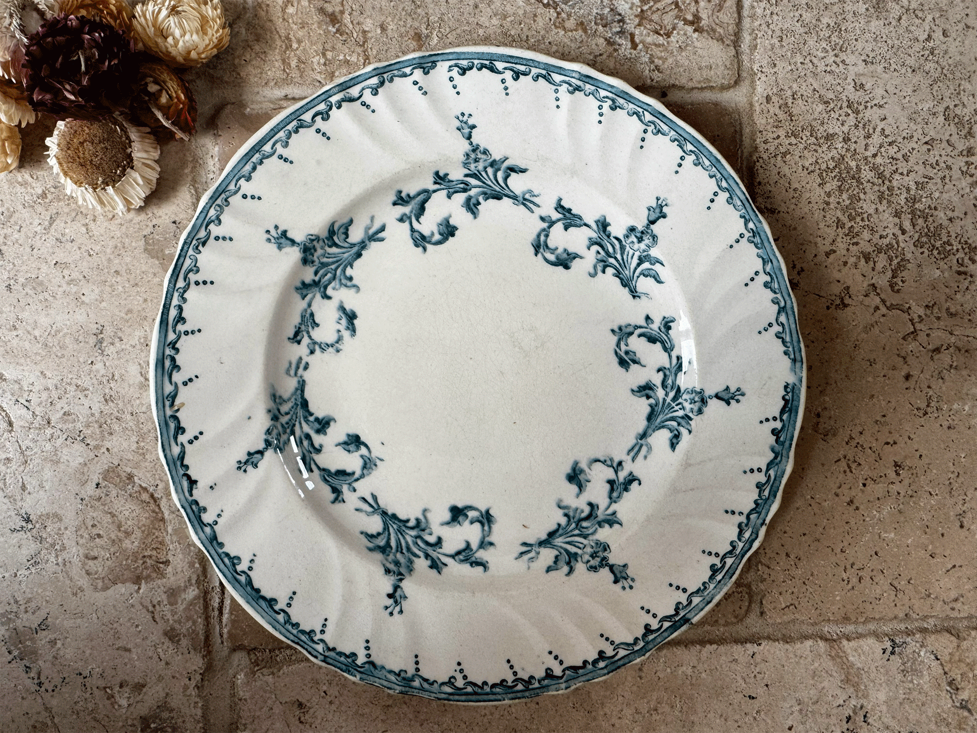 antique french blue transferware terre de fer ironstone longwy plate