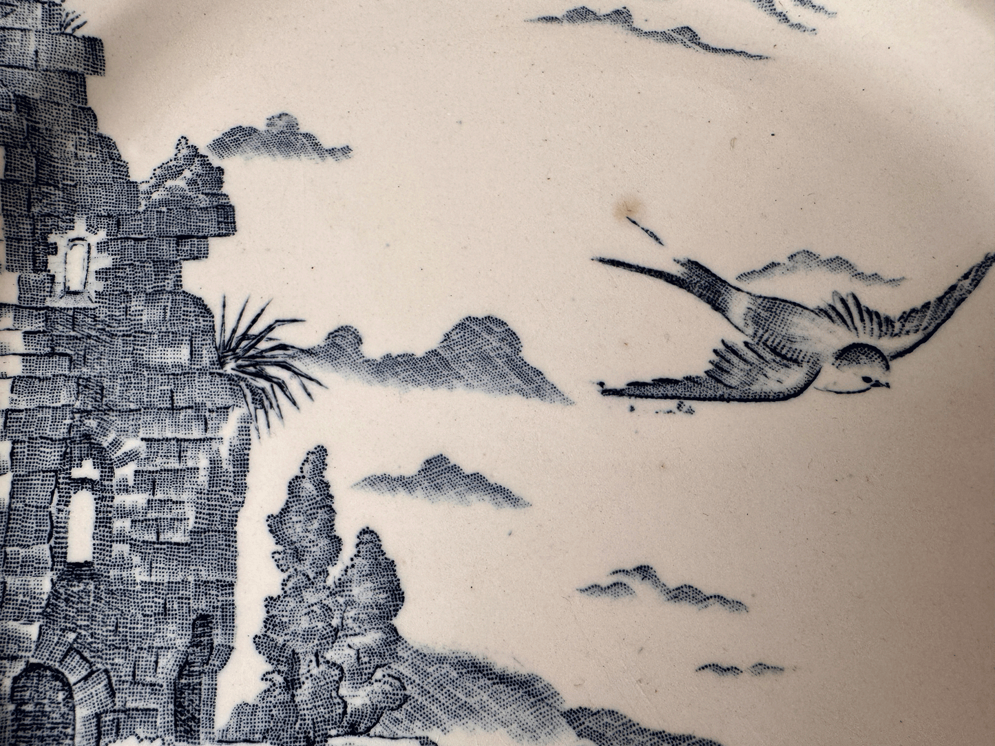 Antique French Blue Transferware Donjon Bird Plate
