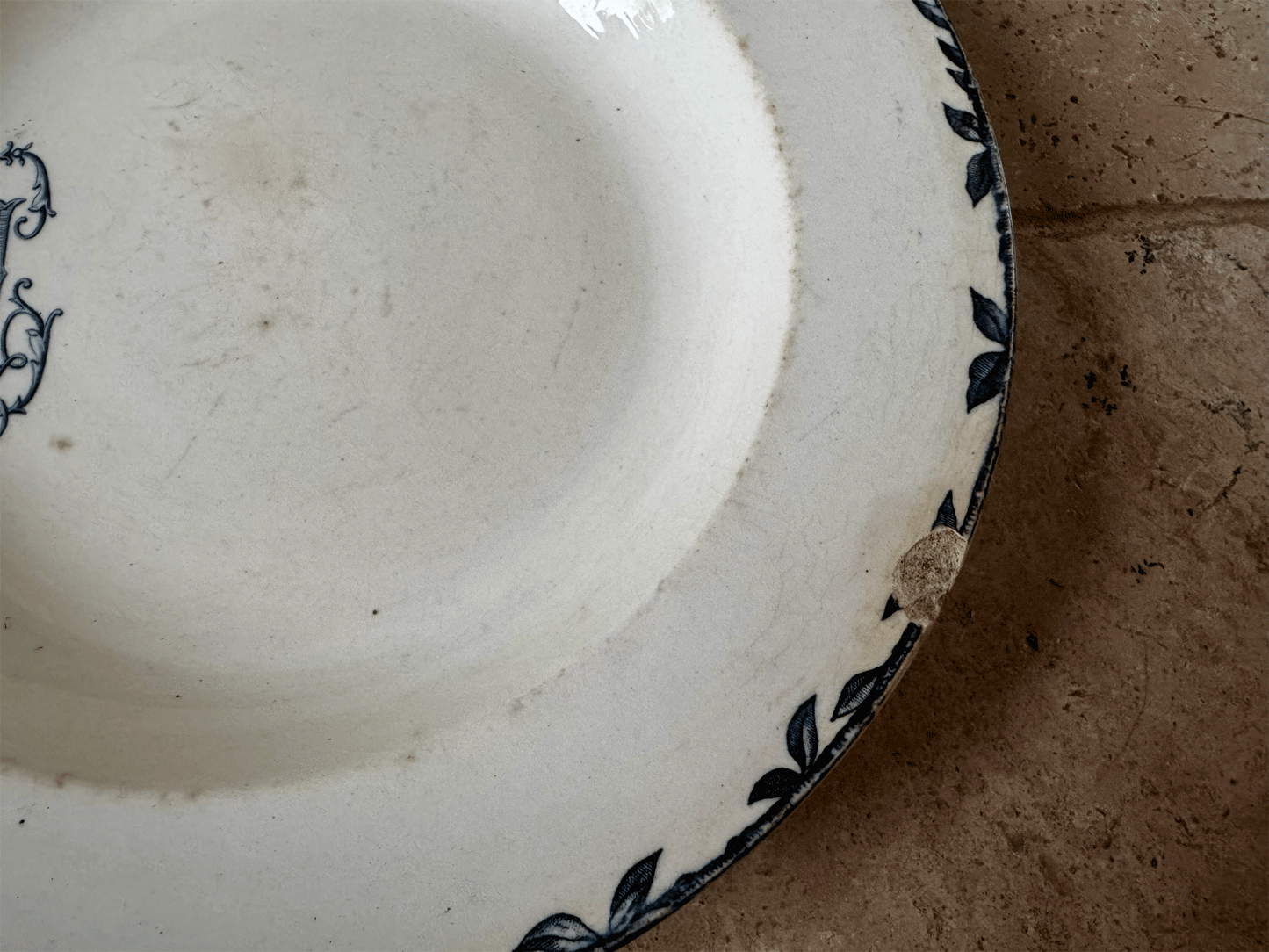 antique chippy buttery terre de fer large ironstone soup bowl dark blue transferware monogram