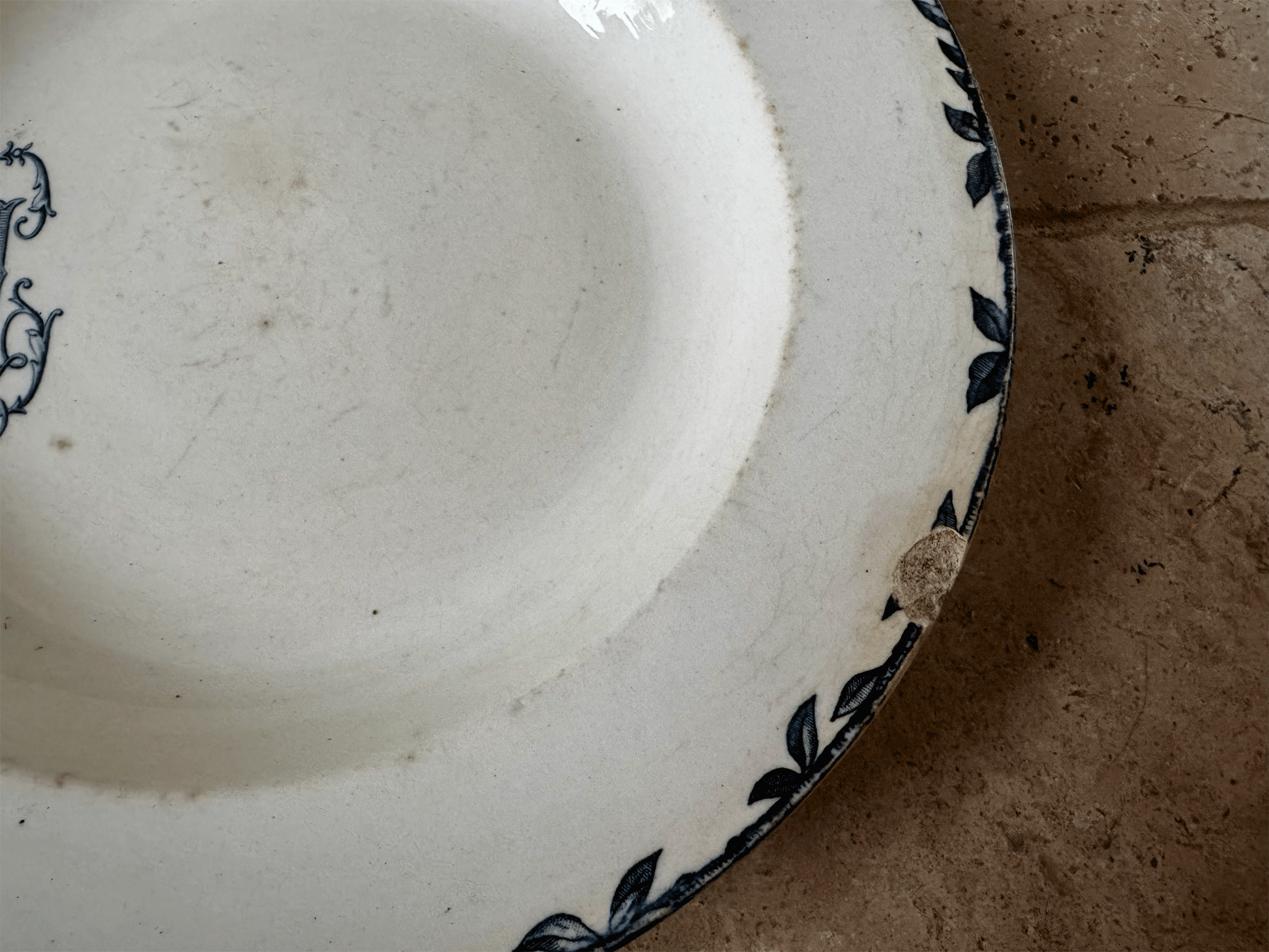 antique chippy buttery terre de fer large ironstone soup bowl dark blue transferware monogram