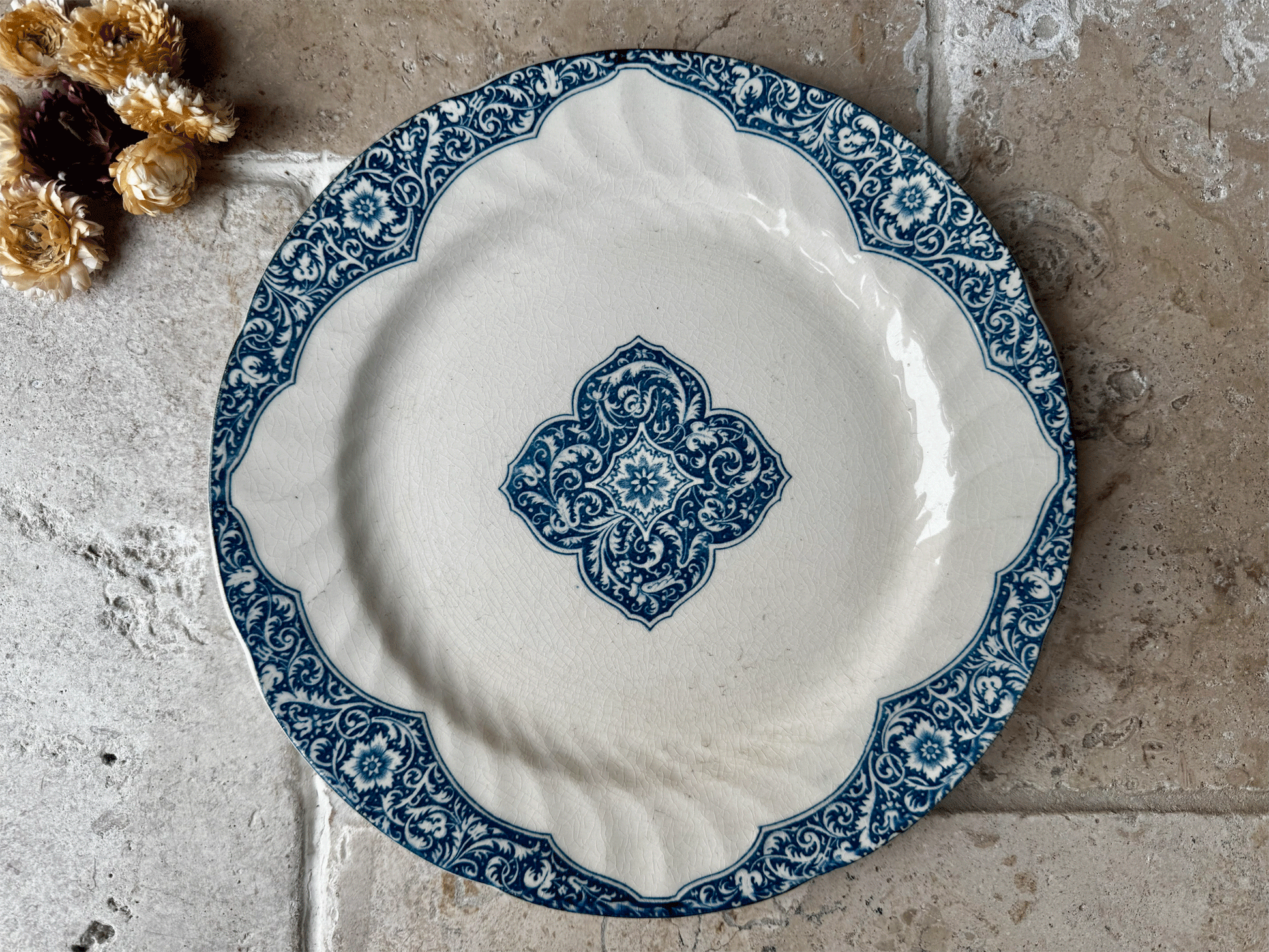 antique french blue transferware ironstone terre de fer dinner plate
