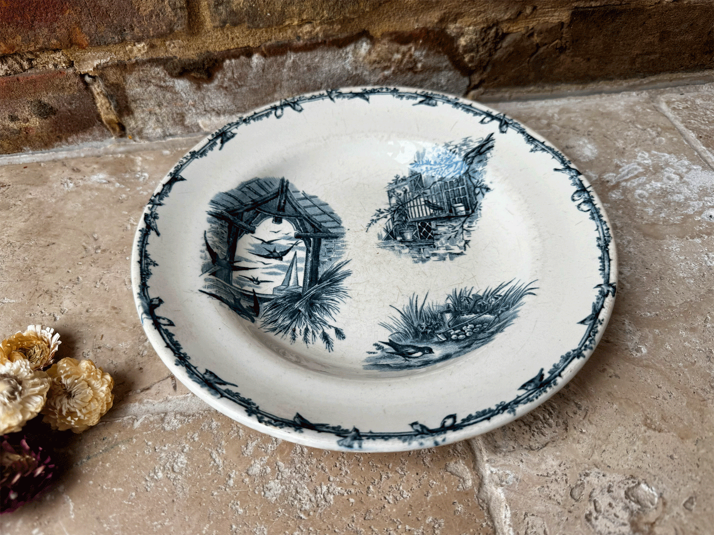 antique transferware paris terre de fer ironston bowl blue birds