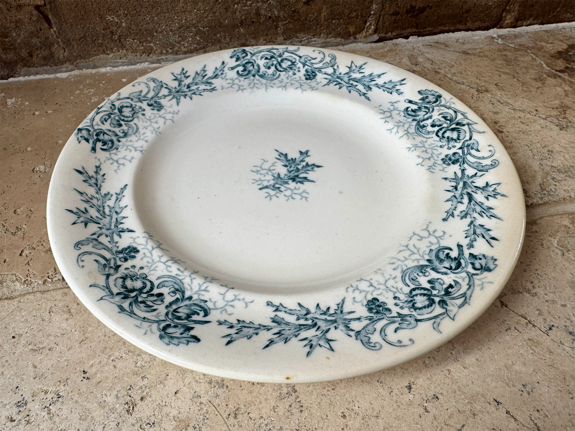 antique french blue transferware longwy cyrano ironstone terre de fer plate assiette