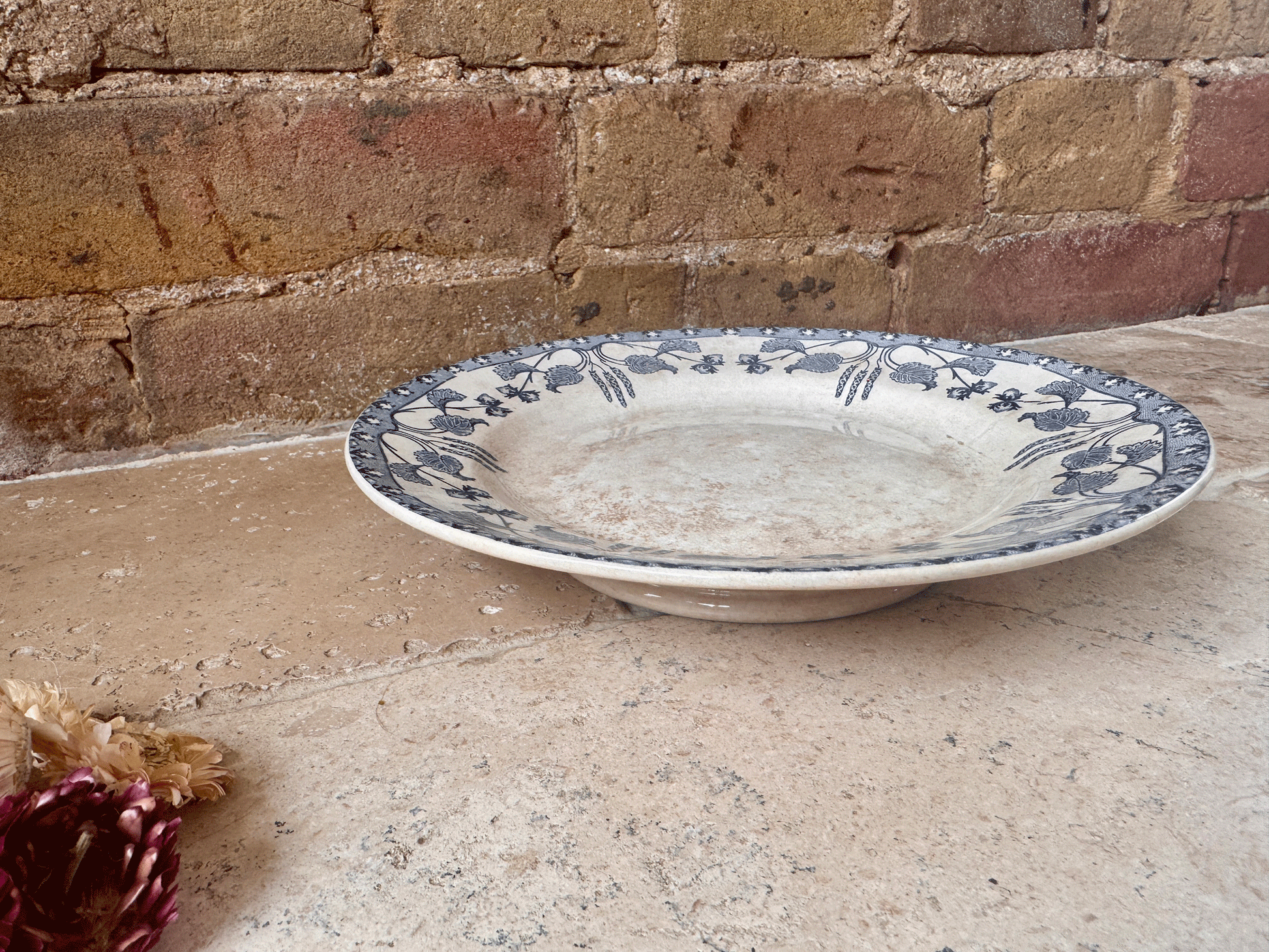 antique french buttery weathered worn terre de fer ironstone blue transferware compotier compote dish cake plate stand sarreguemines noisettes hazelnut