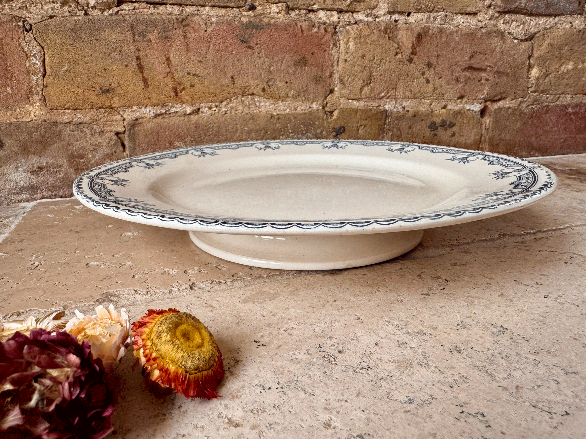 antique early 20th century ironstone terre de fer compote stand dish compotier blue transferware