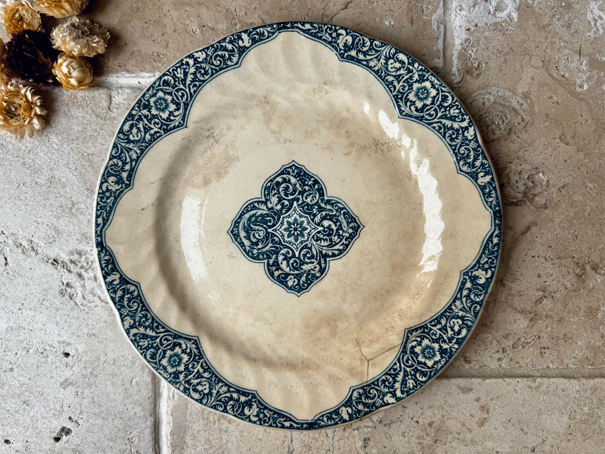 antique french blue transferware ironstone terre de fer dinner plate