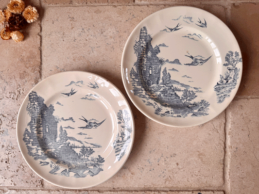 Antique French Blue Transferware Donjon Bird Plate
