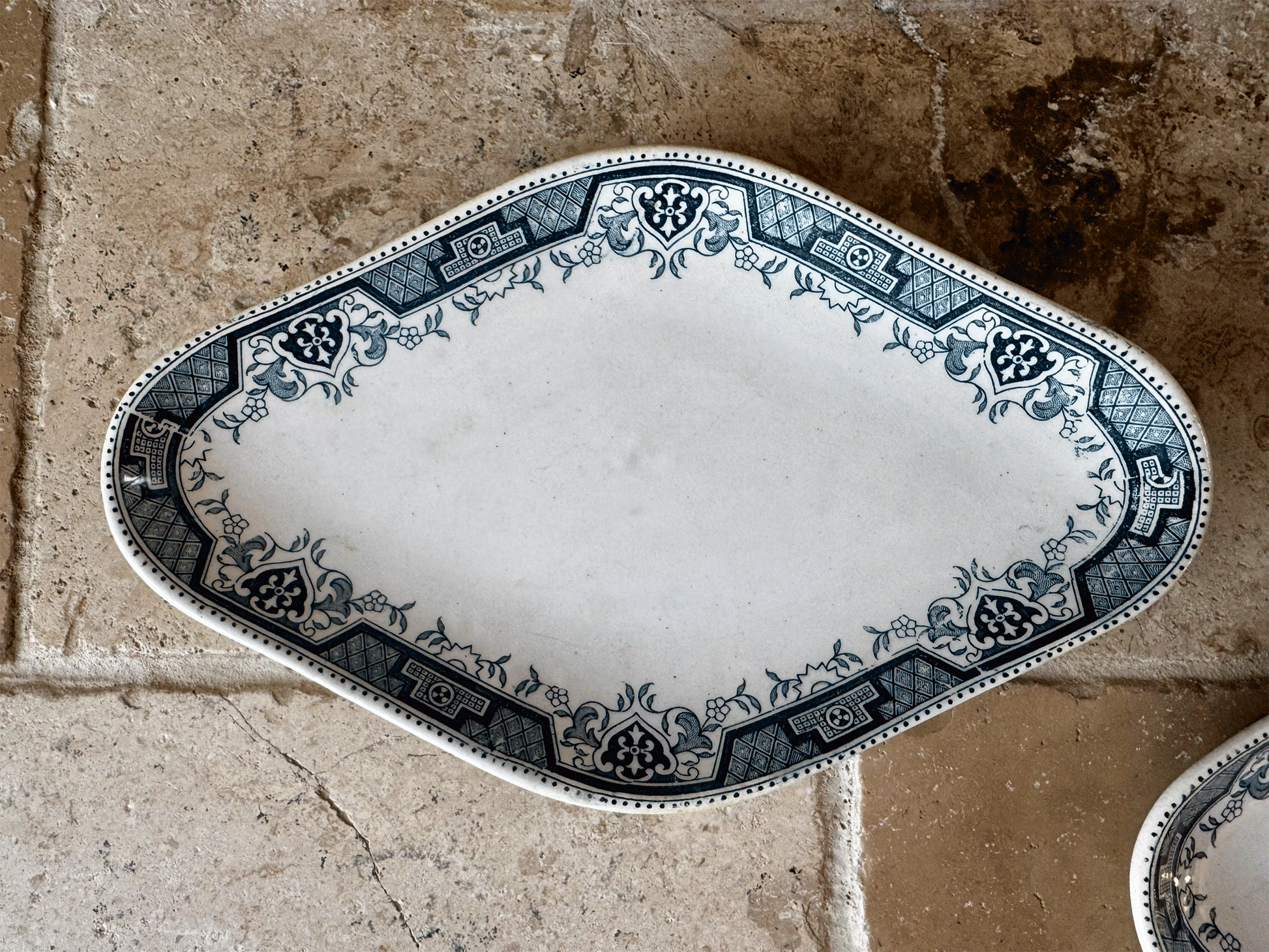antique french st amand blue transferware ravier plate terre de fer ironstone