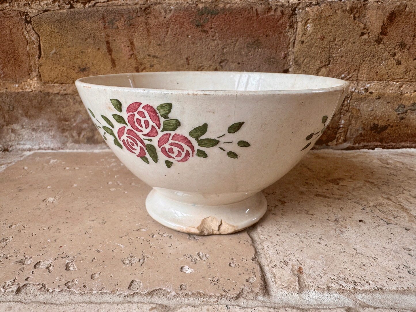 antique french chippy timeworn buttery ironstone cafe au lait bowl hbcm transferware roses