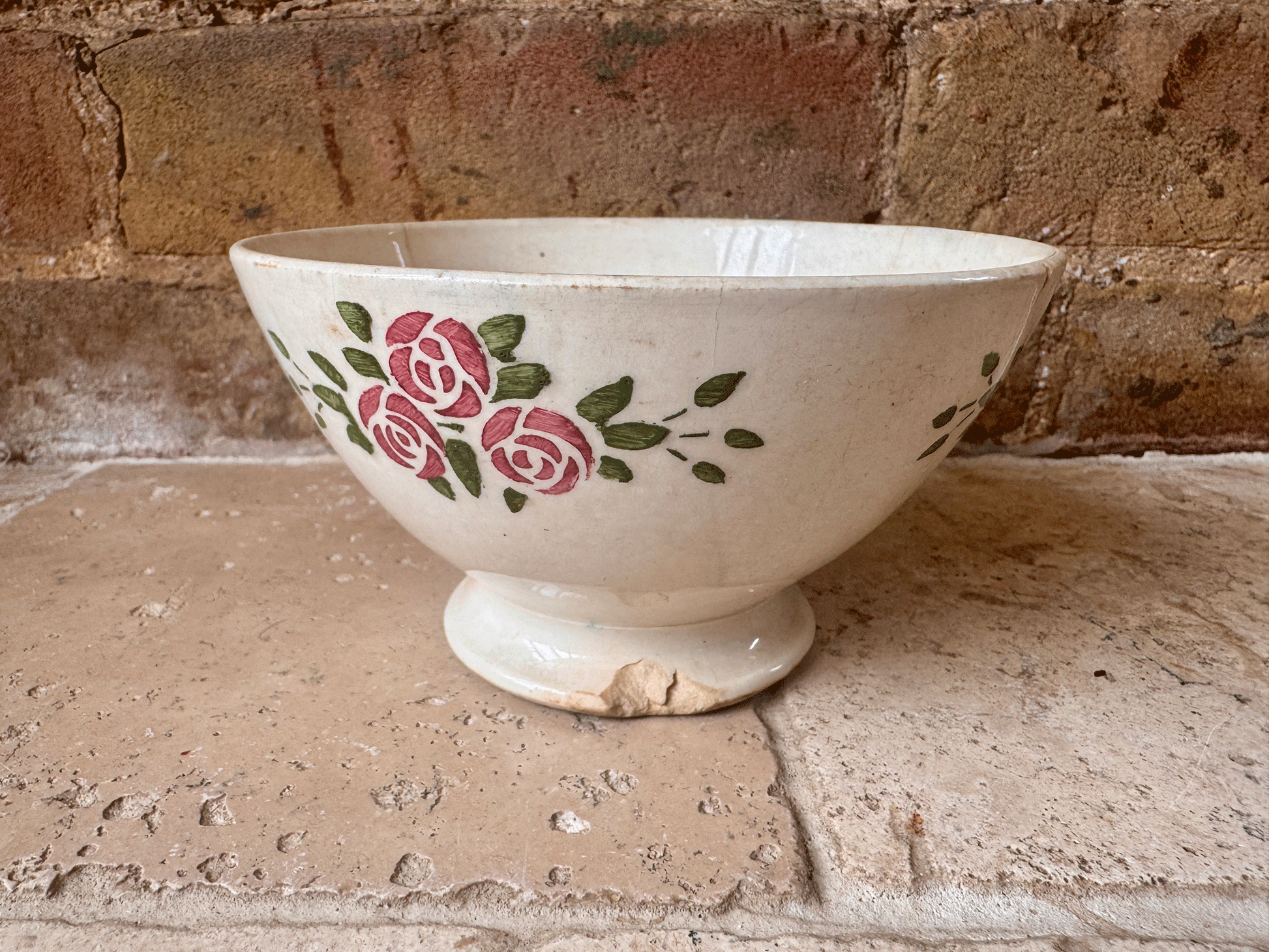 antique french chippy timeworn buttery ironstone cafe au lait bowl hbcm transferware roses