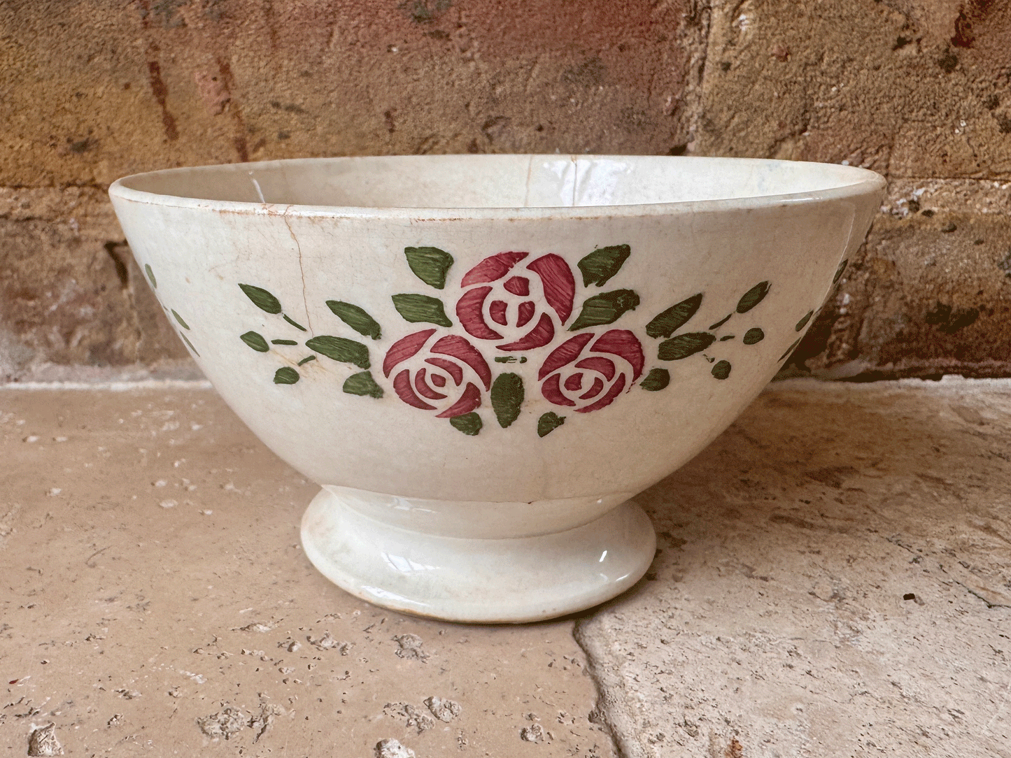 antique french chippy timeworn buttery ironstone cafe au lait bowl hbcm transferware roses