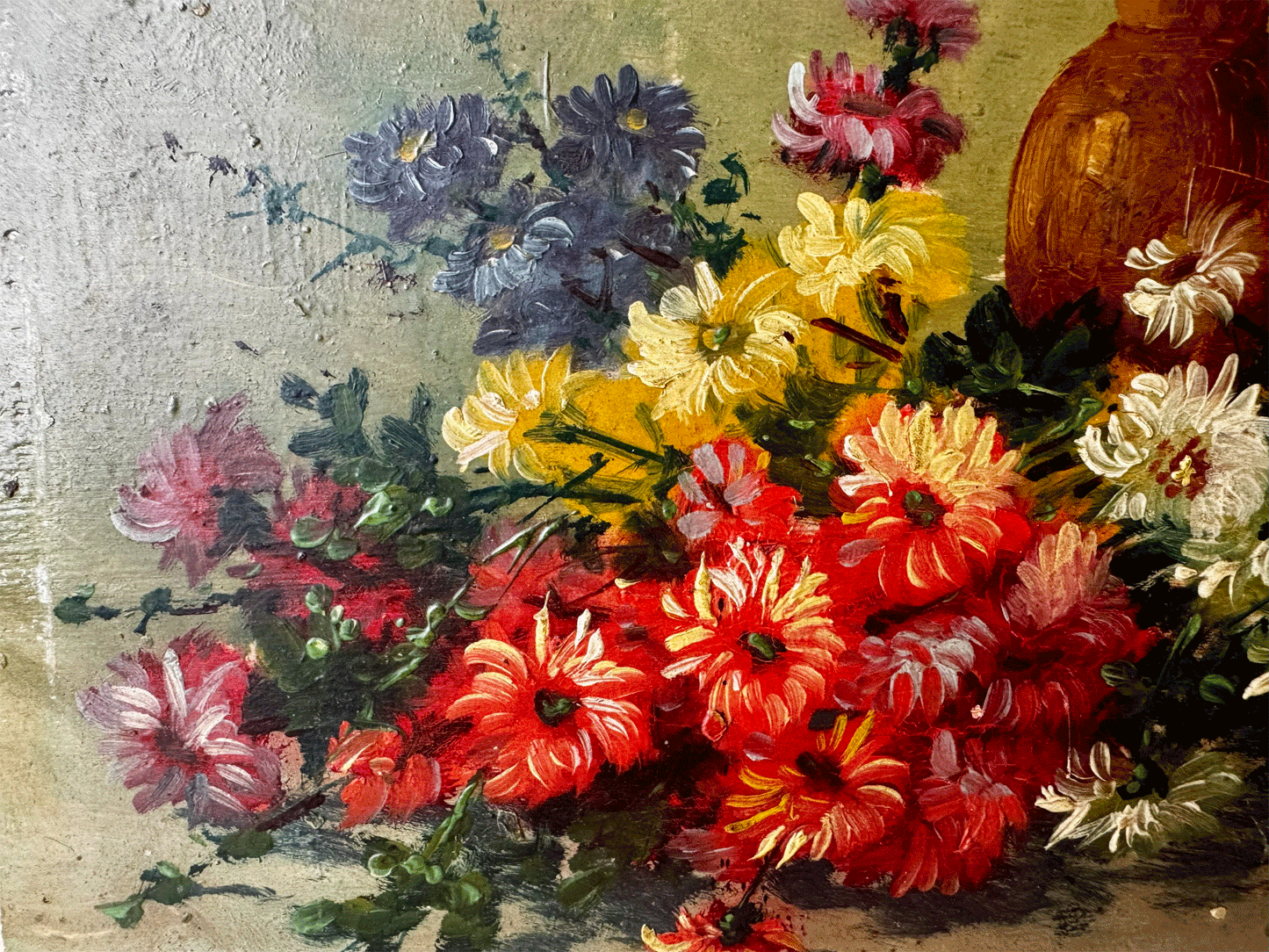 antique french floral composition oil painting board signed boucher 1905